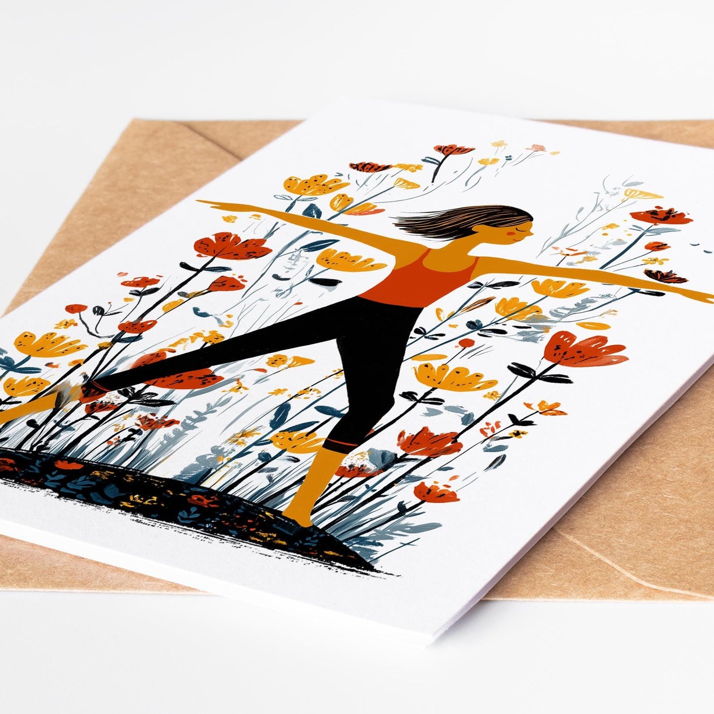 Yoga folk-art greeting card, blank inside