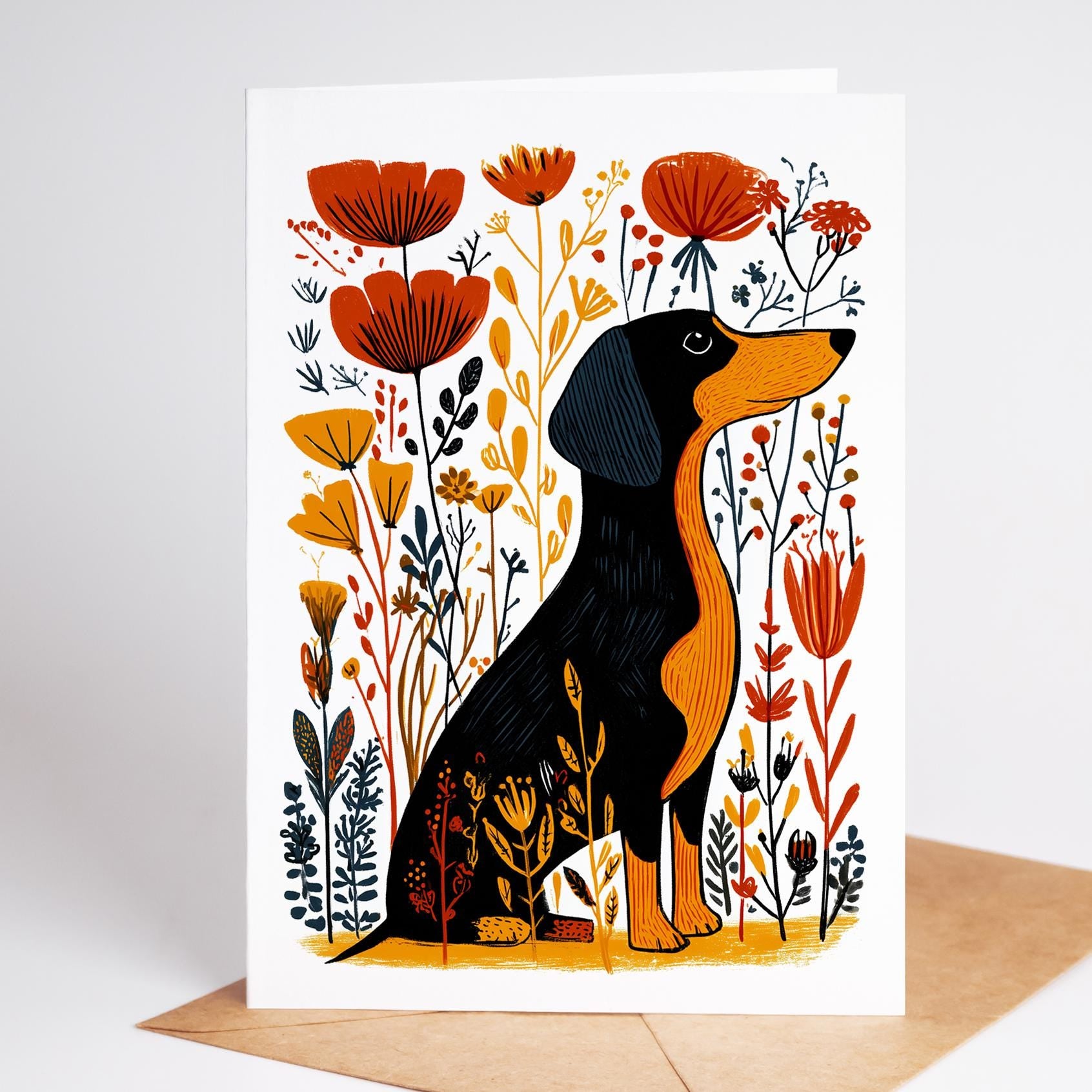 Dachshund folk-art greeting card, blank inside