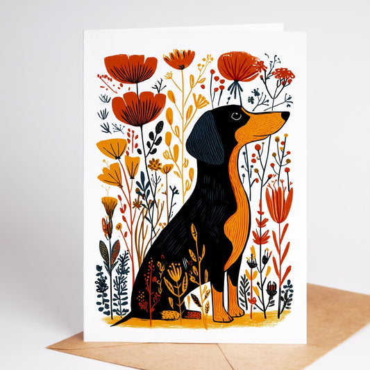 Dachshund folk-art greeting card, blank inside