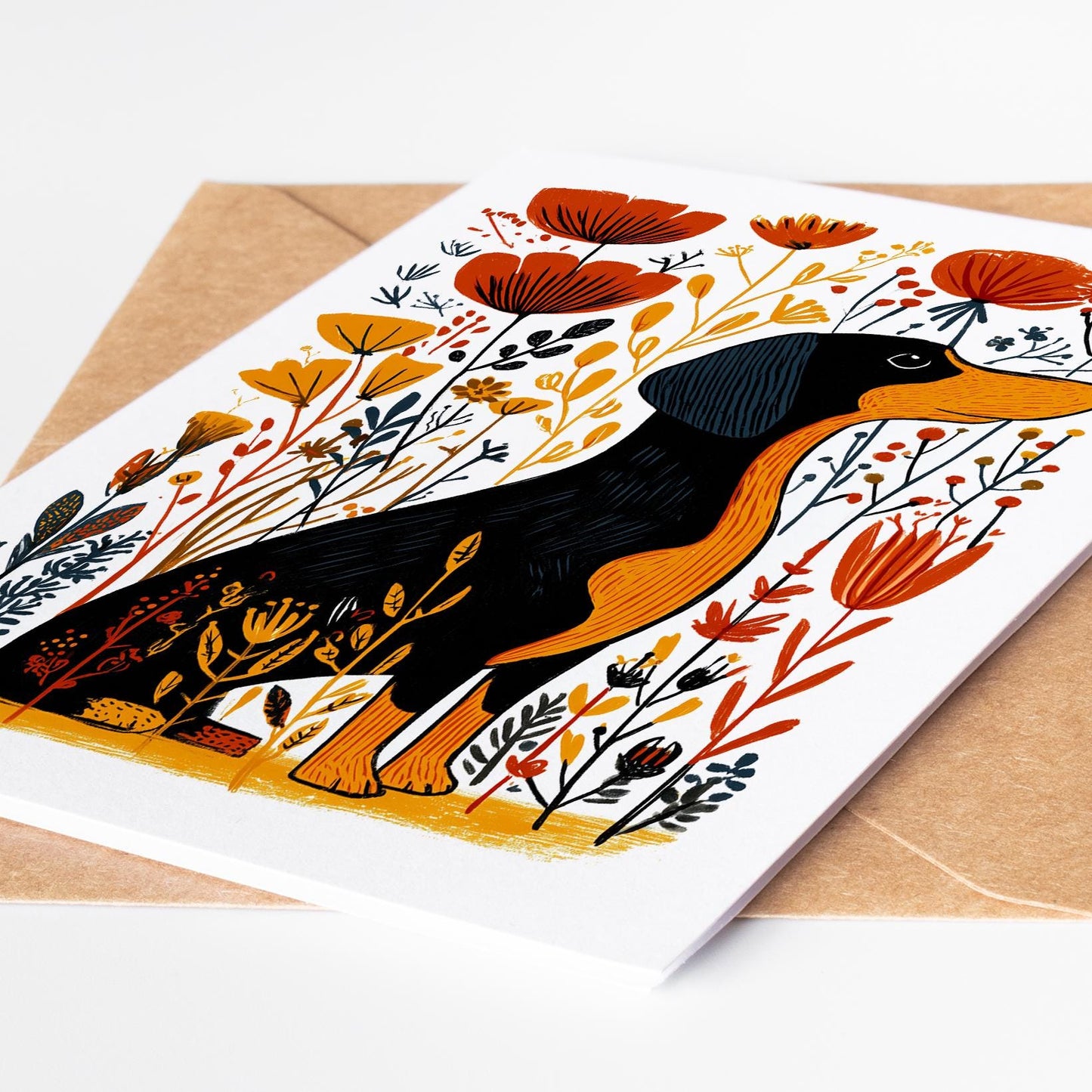 Dachshund folk-art greeting card, blank inside