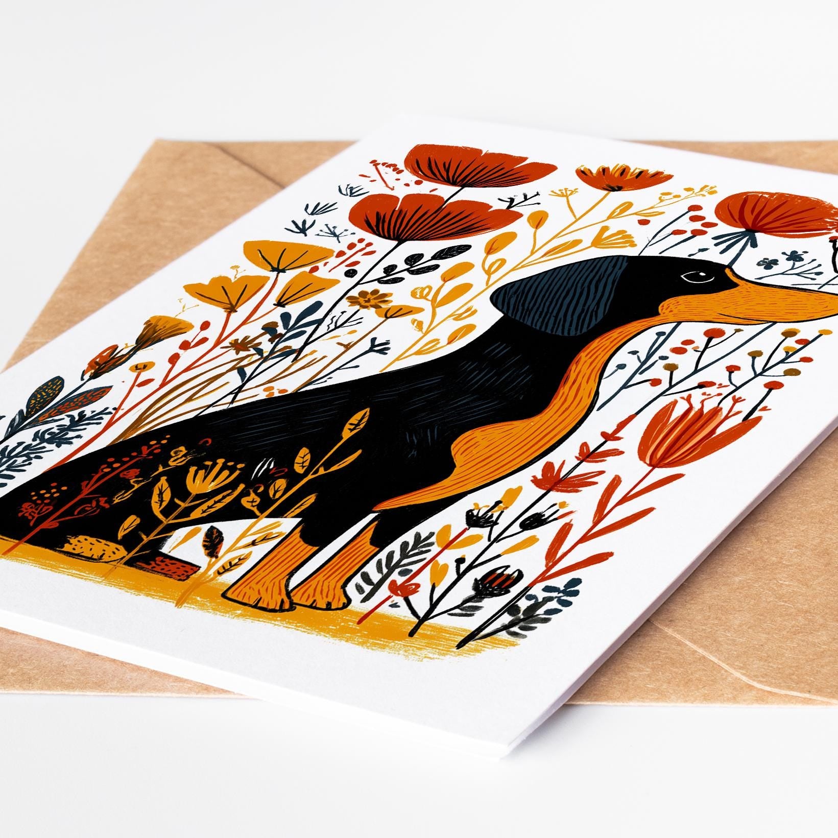 Dachshund folk-art greeting card, blank inside