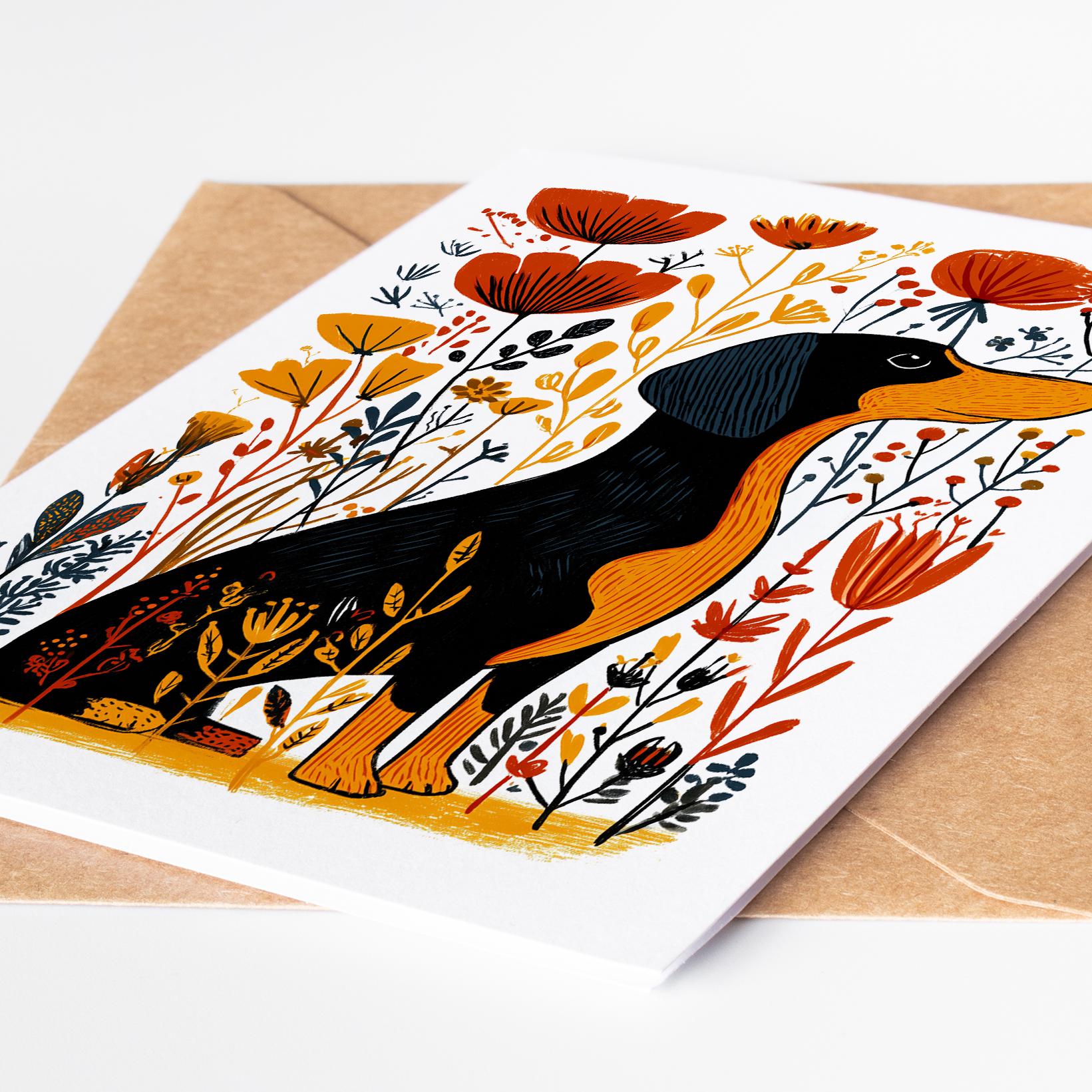 Dachshund folk-art greeting card, blank inside