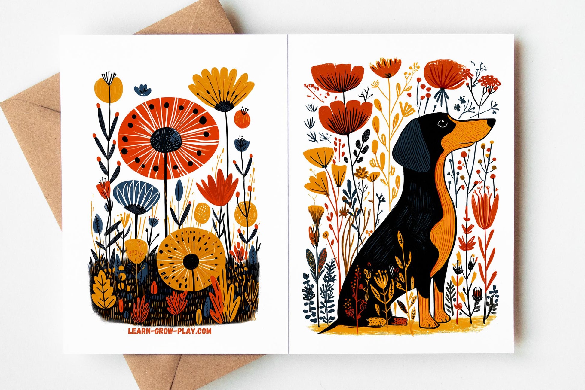 Dachshund folk-art greeting card, blank inside