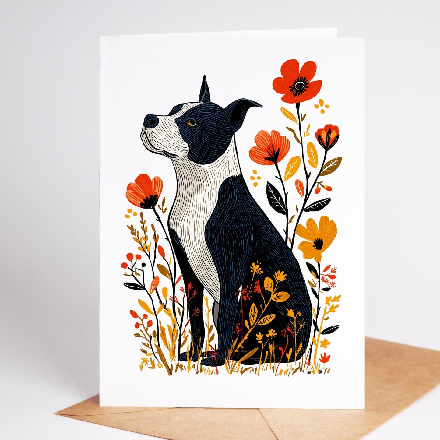 Pitbull folk-art greeting card, blank inside