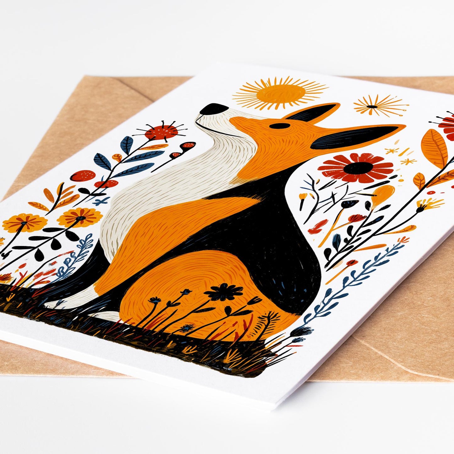 Corgi folk-art greeting card, blank inside