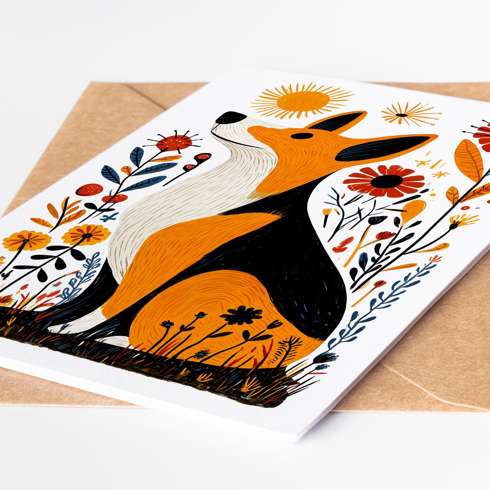 Corgi folk-art greeting card, blank inside