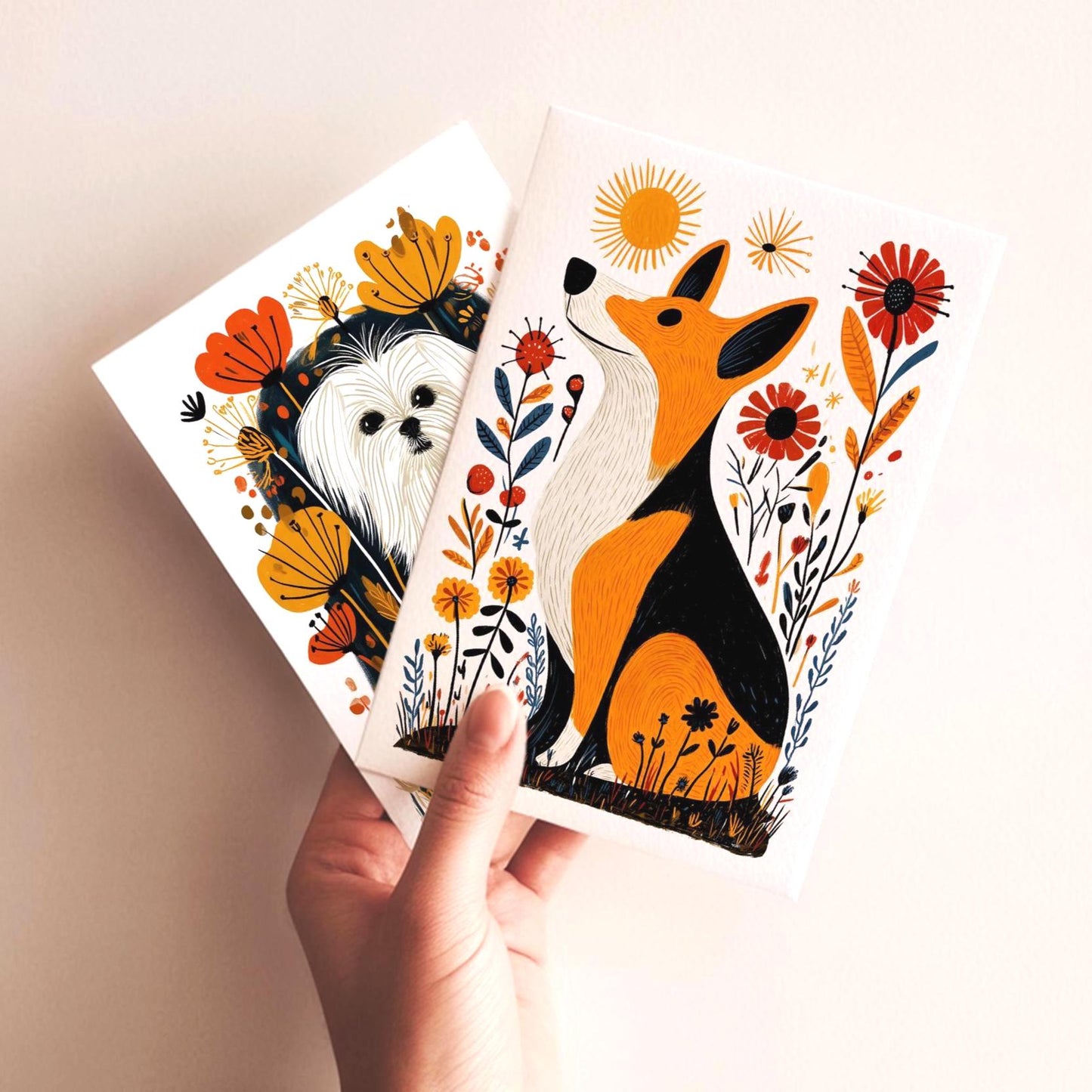 Corgi folk-art greeting card, blank inside