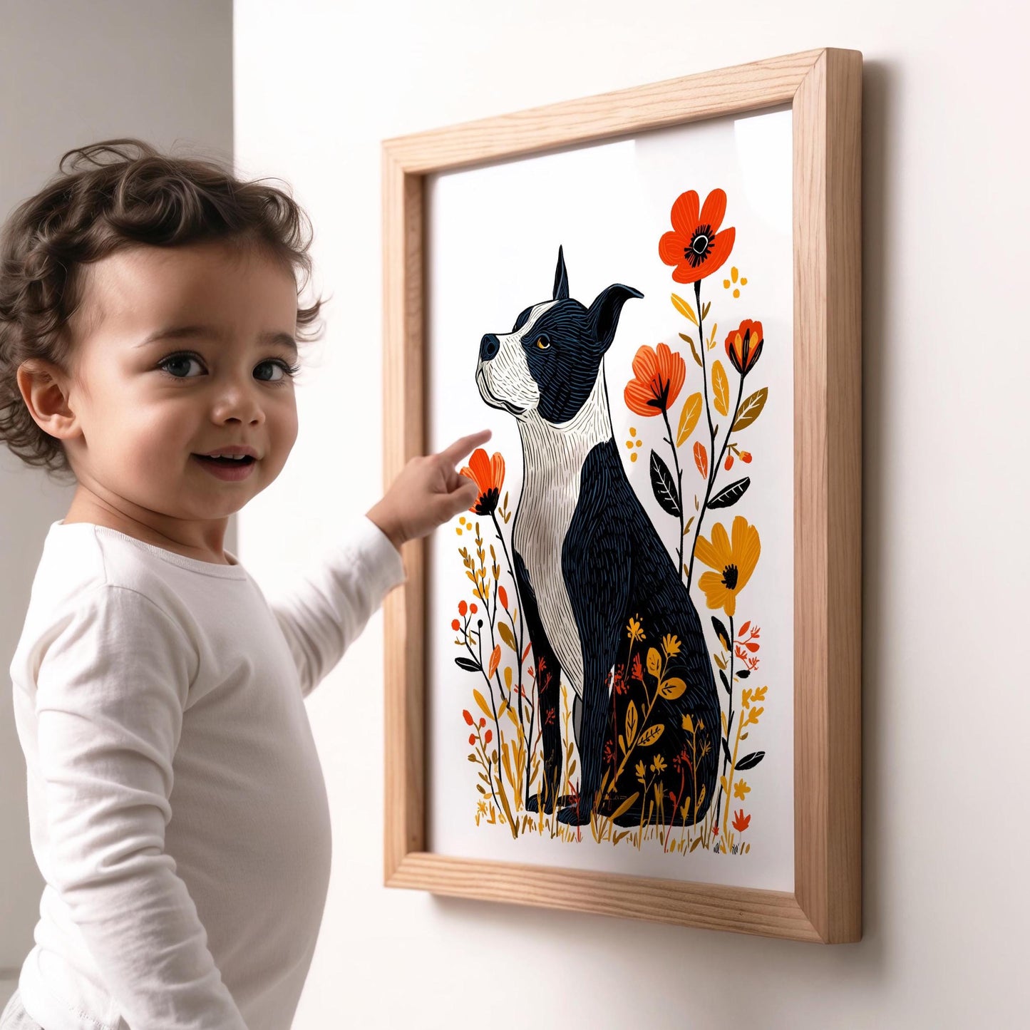 Pitbull Floral folk-art art print, blank inside