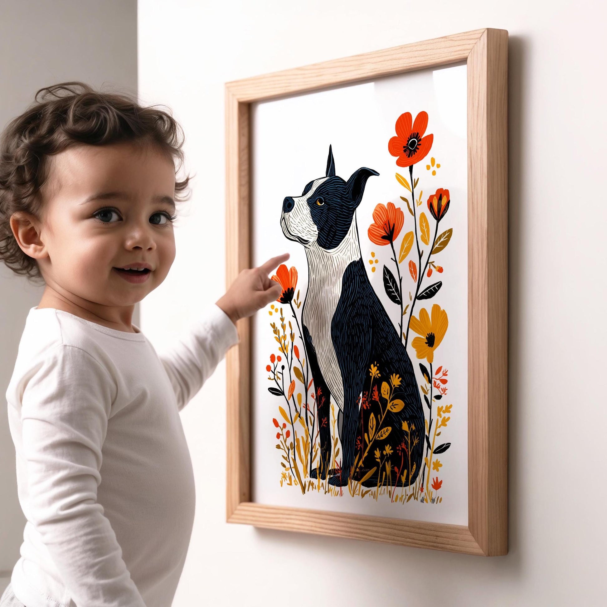 Pitbull Floral folk-art art print, blank inside