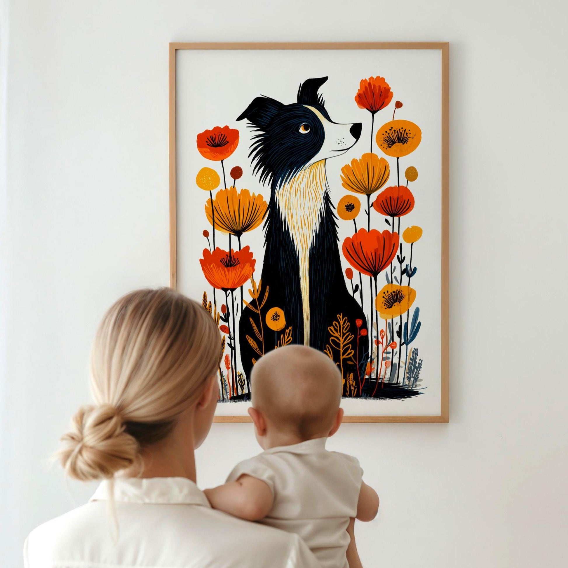 Collie Floral folk-art art print, blank inside