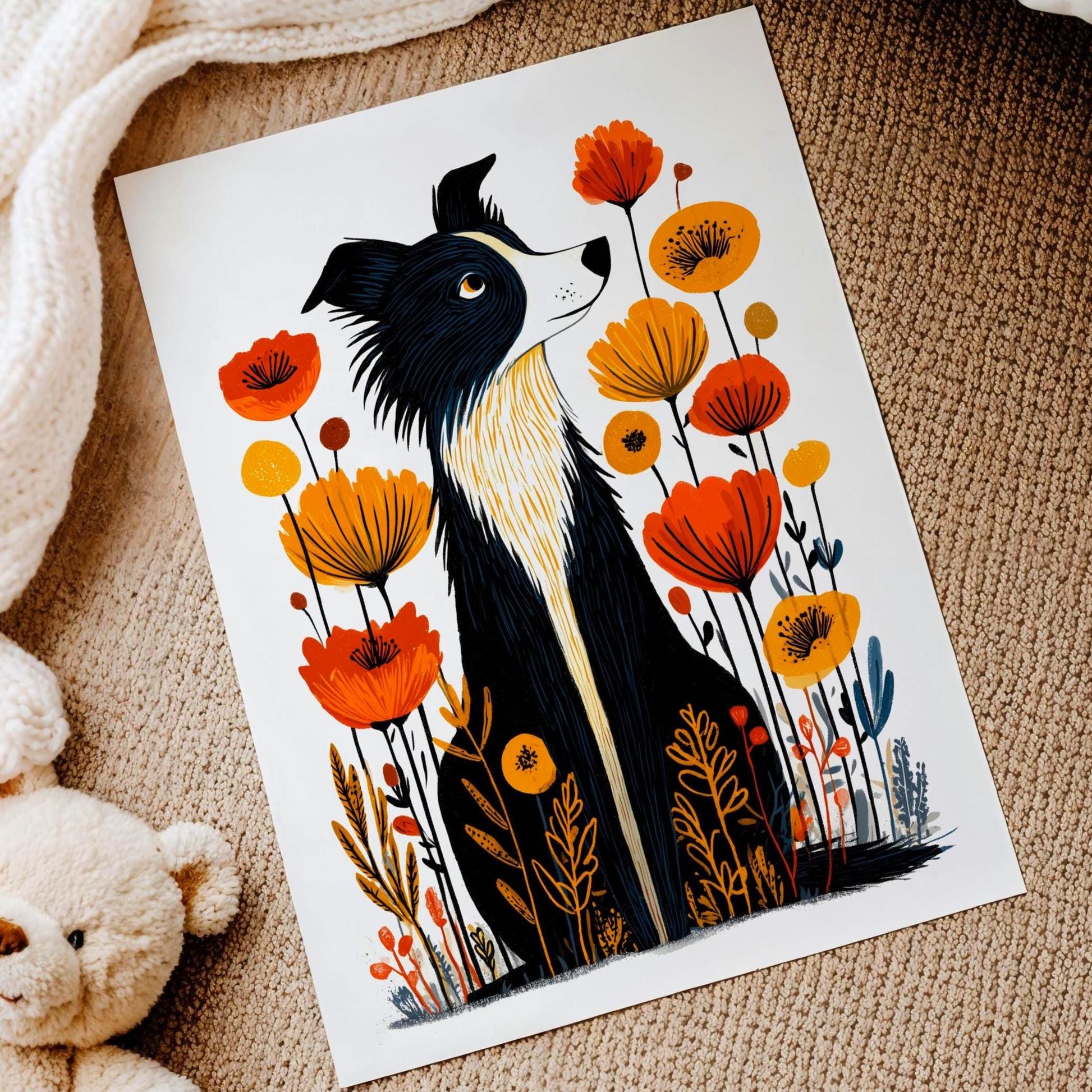 Collie Floral folk-art art print, blank inside