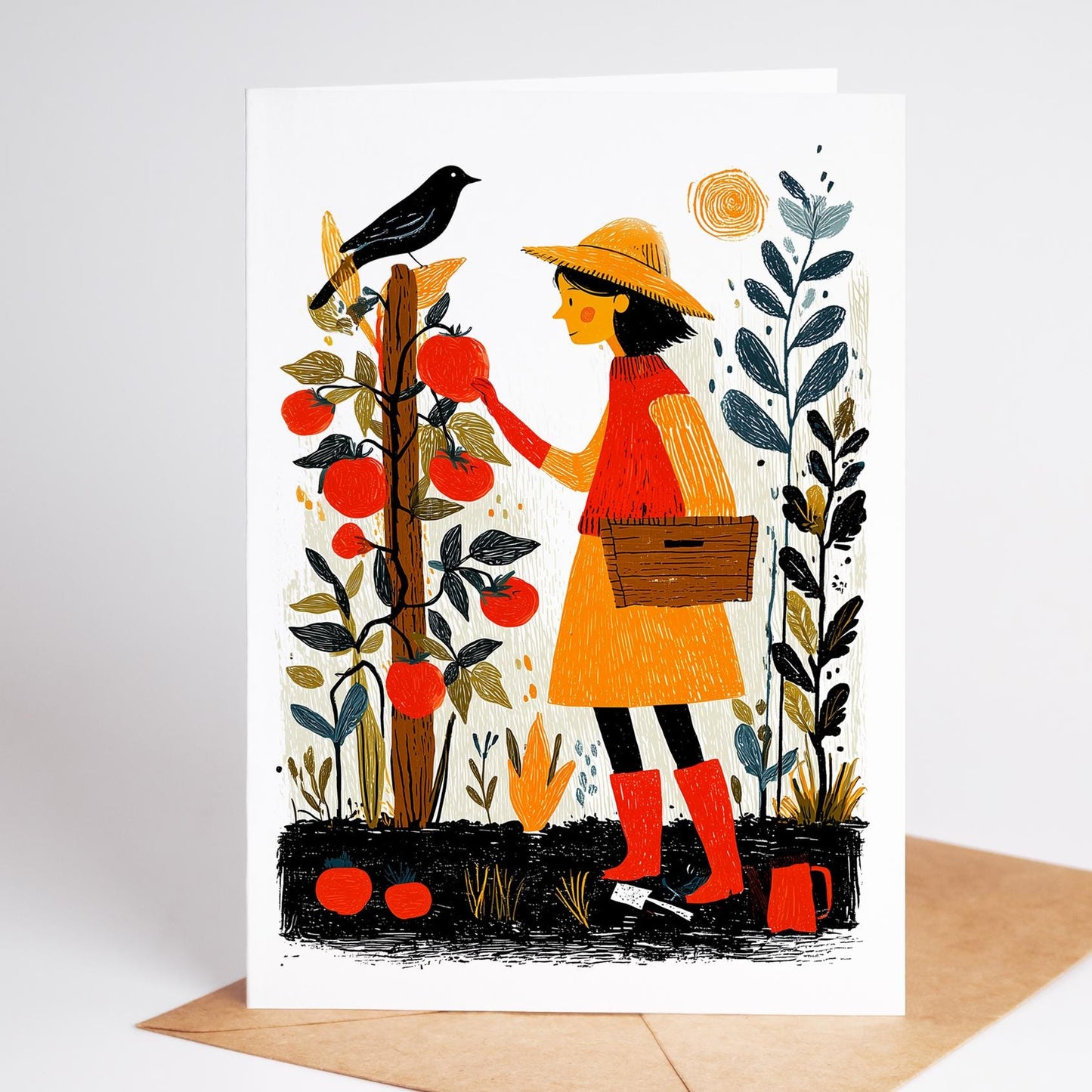 Gardening folk-art greeting card, blank inside