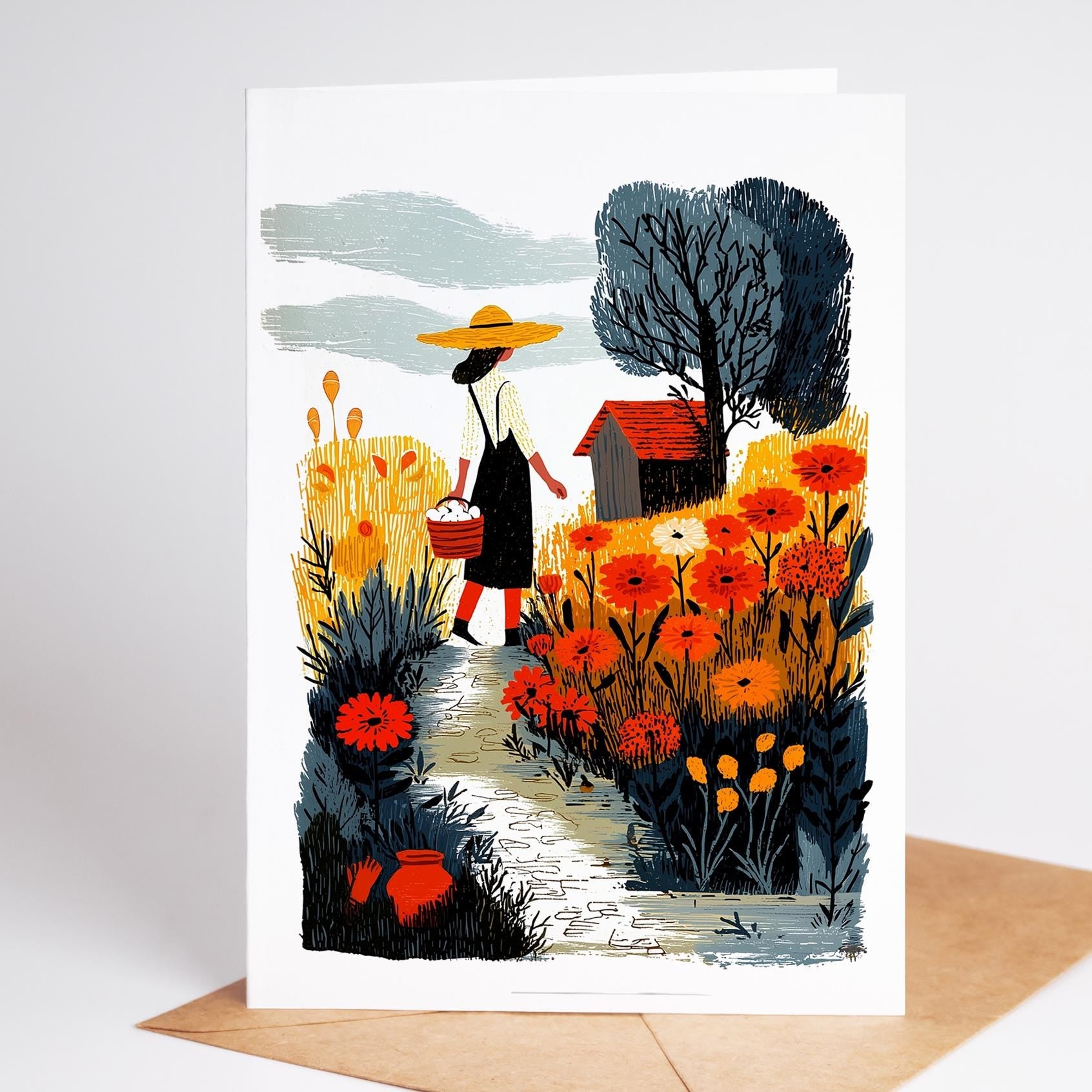 Gardening folk-art greeting card, blank inside