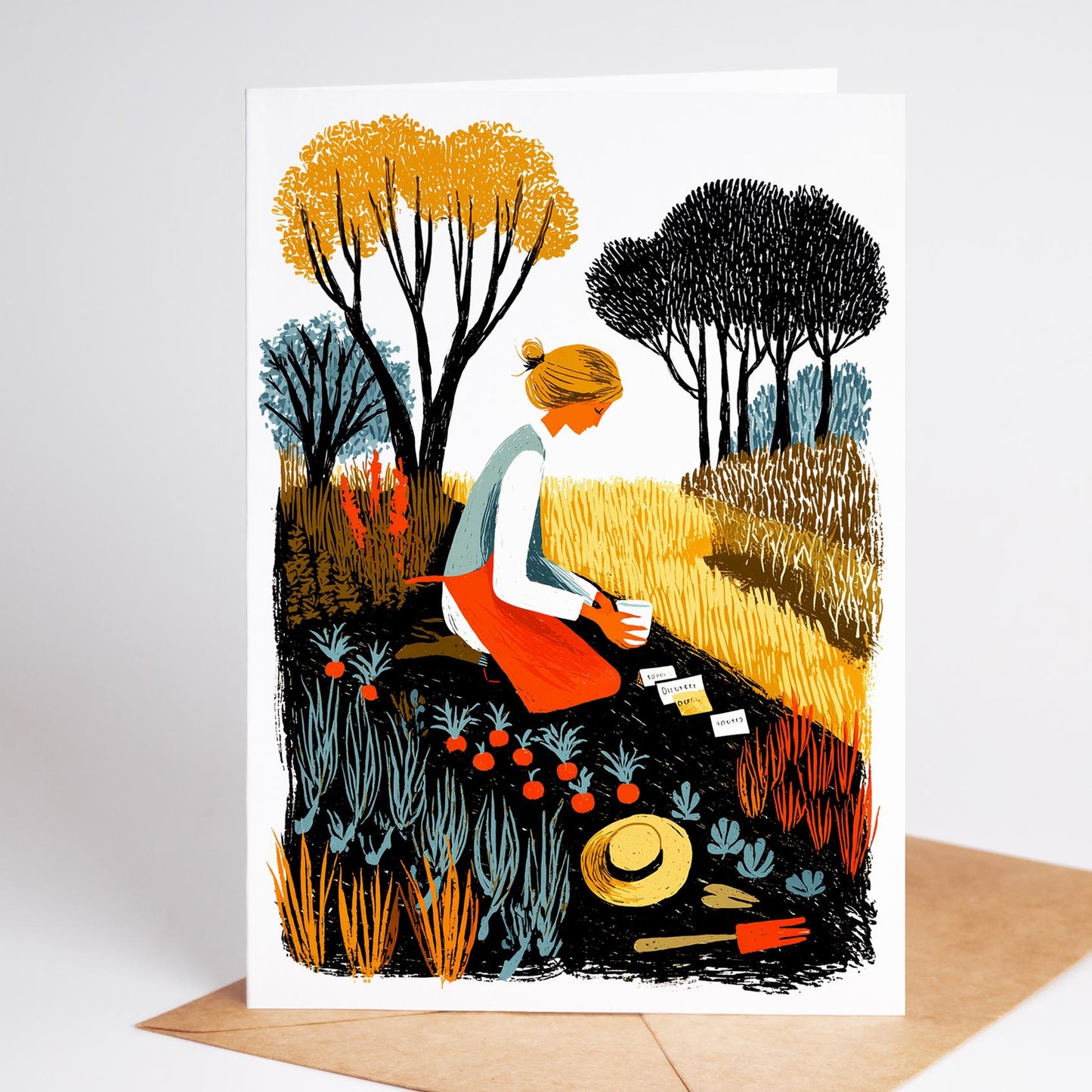 Plant Lover folk-art greeting card, blank inside
