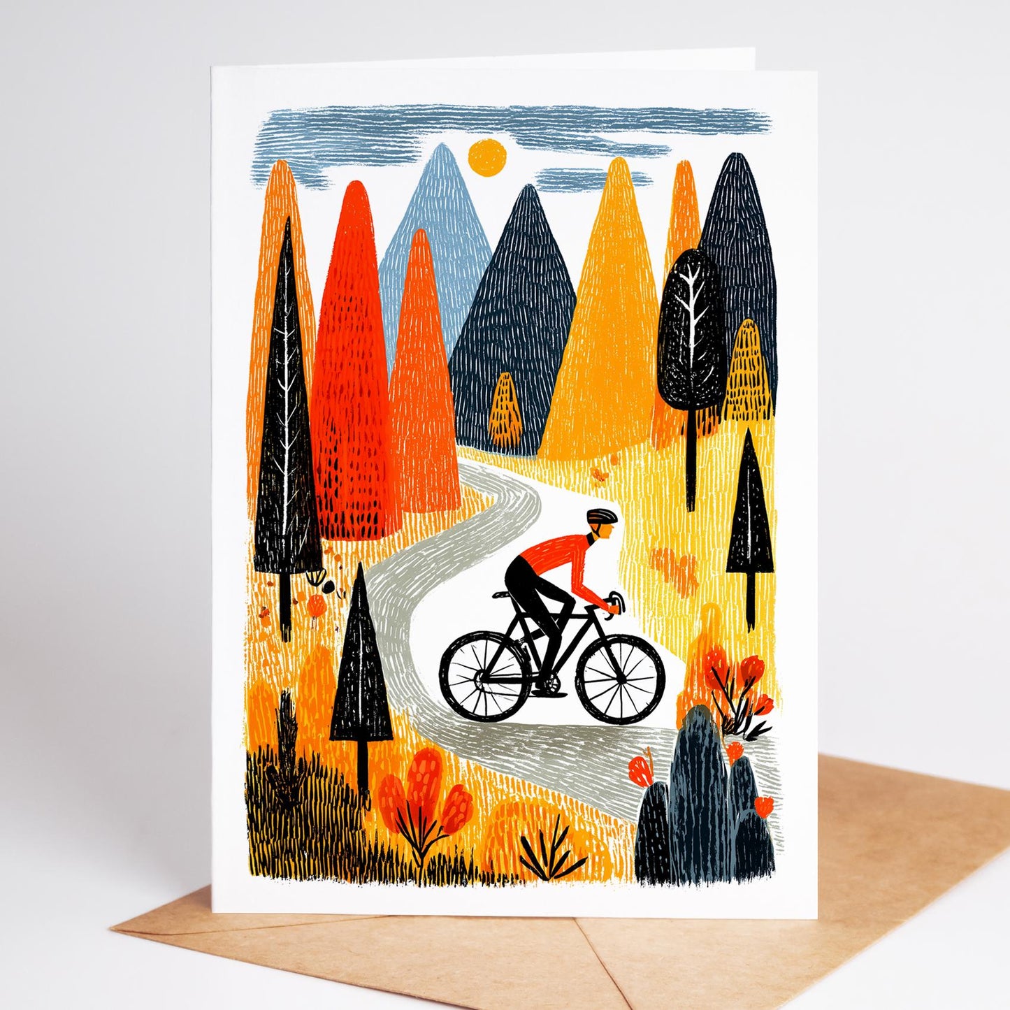 Cycling folk-art greeting card, blank inside