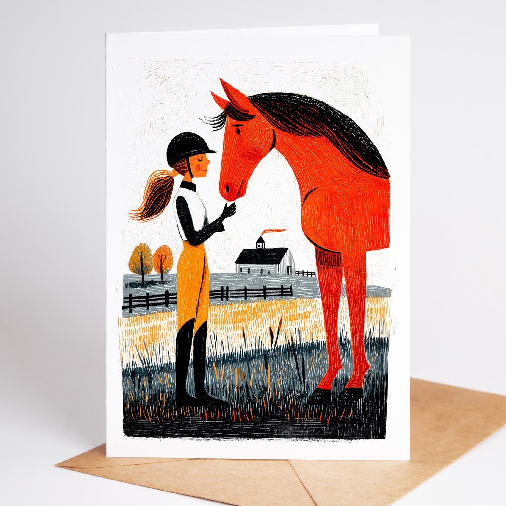 Equestrian folk-art greeting card, blank inside