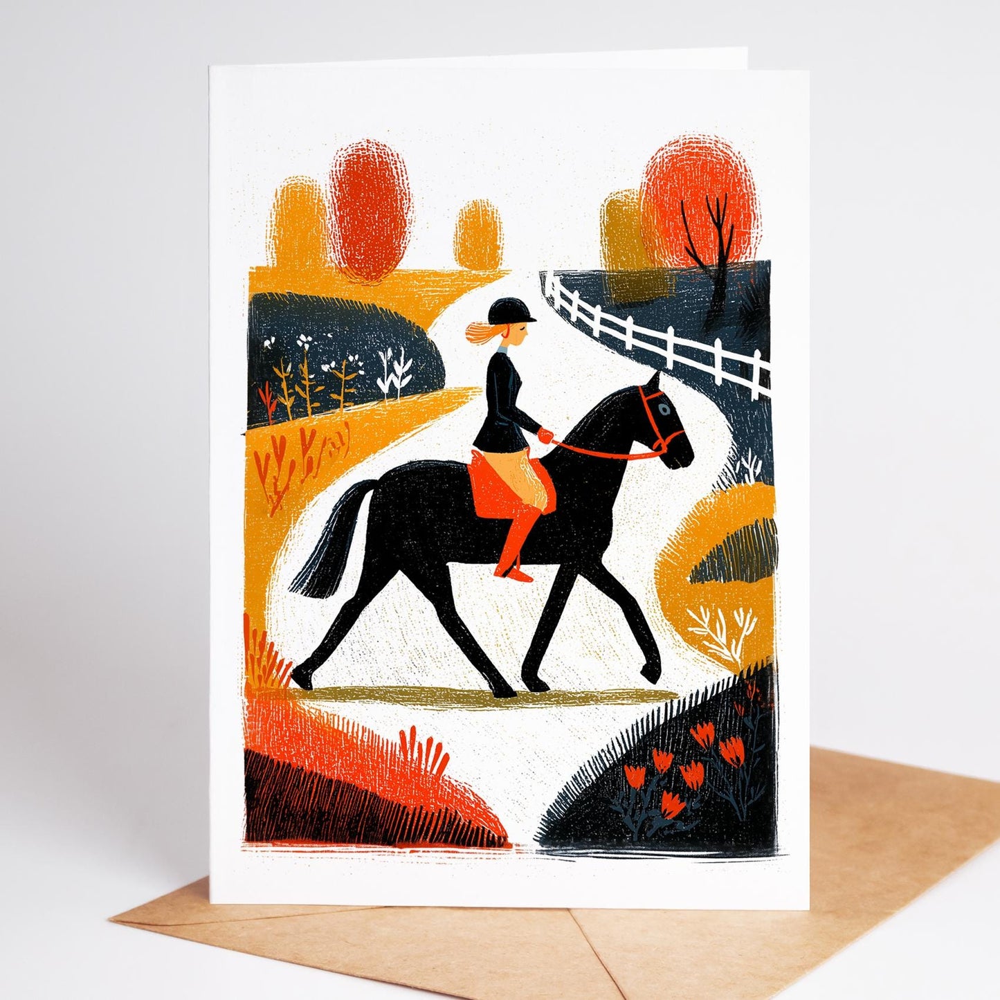 Equestrian folk-art greeting card, blank inside