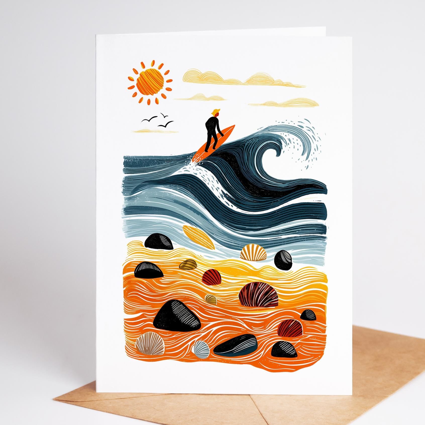 Coastal folk-art greeting card, blank inside