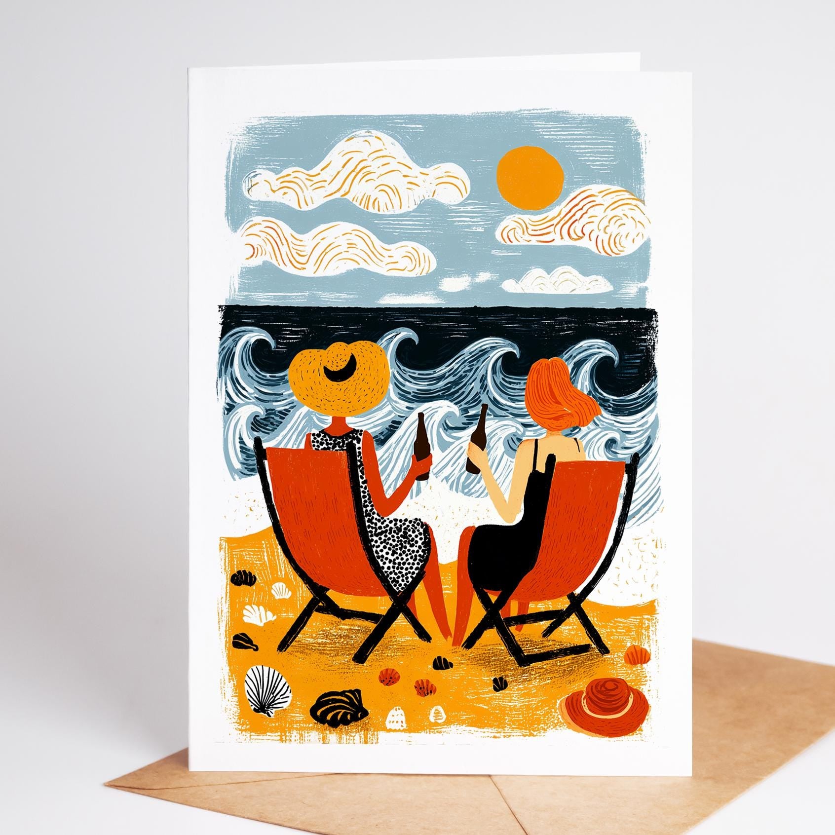Coastal folk-art greeting card, blank inside