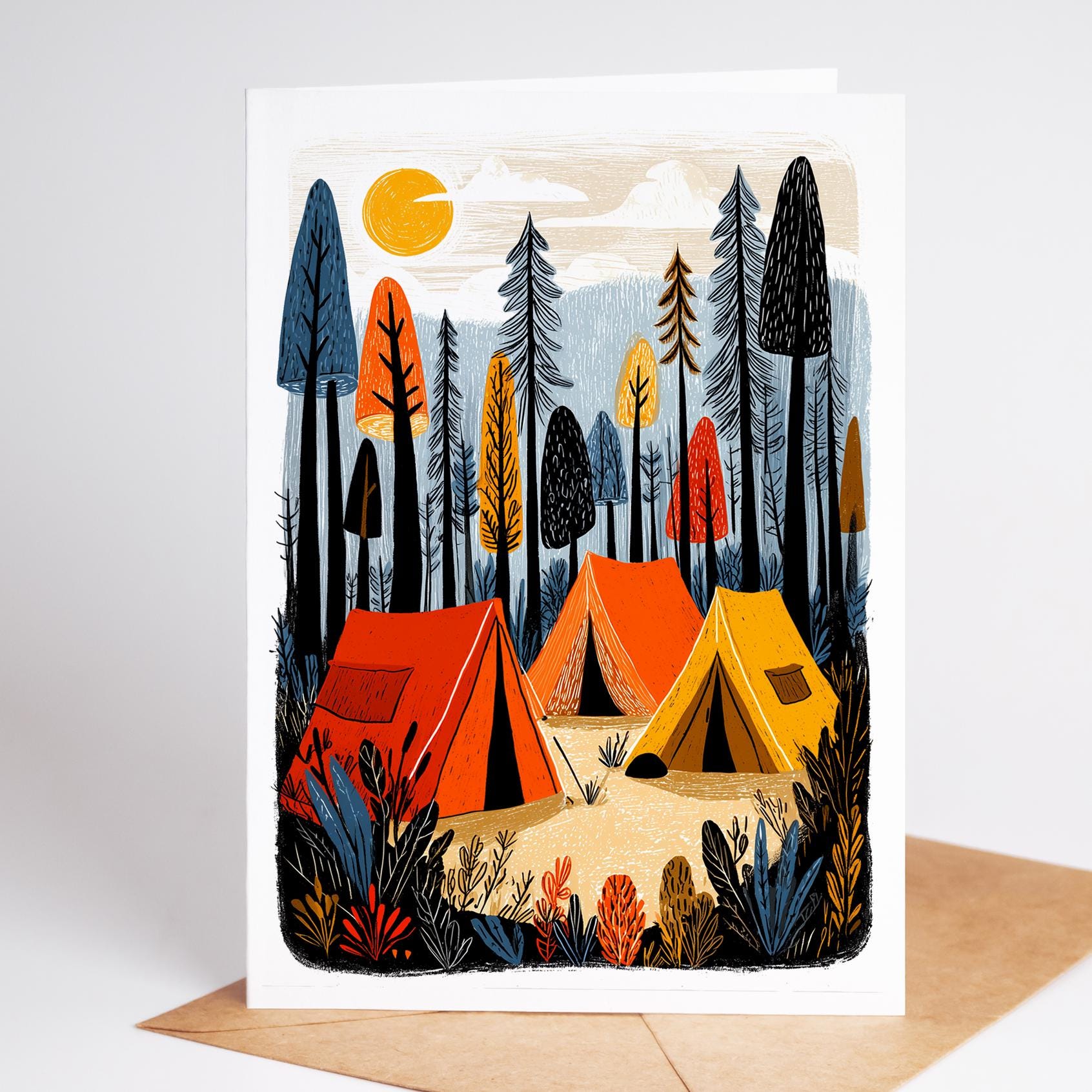 Camping folk-art greeting card, blank inside