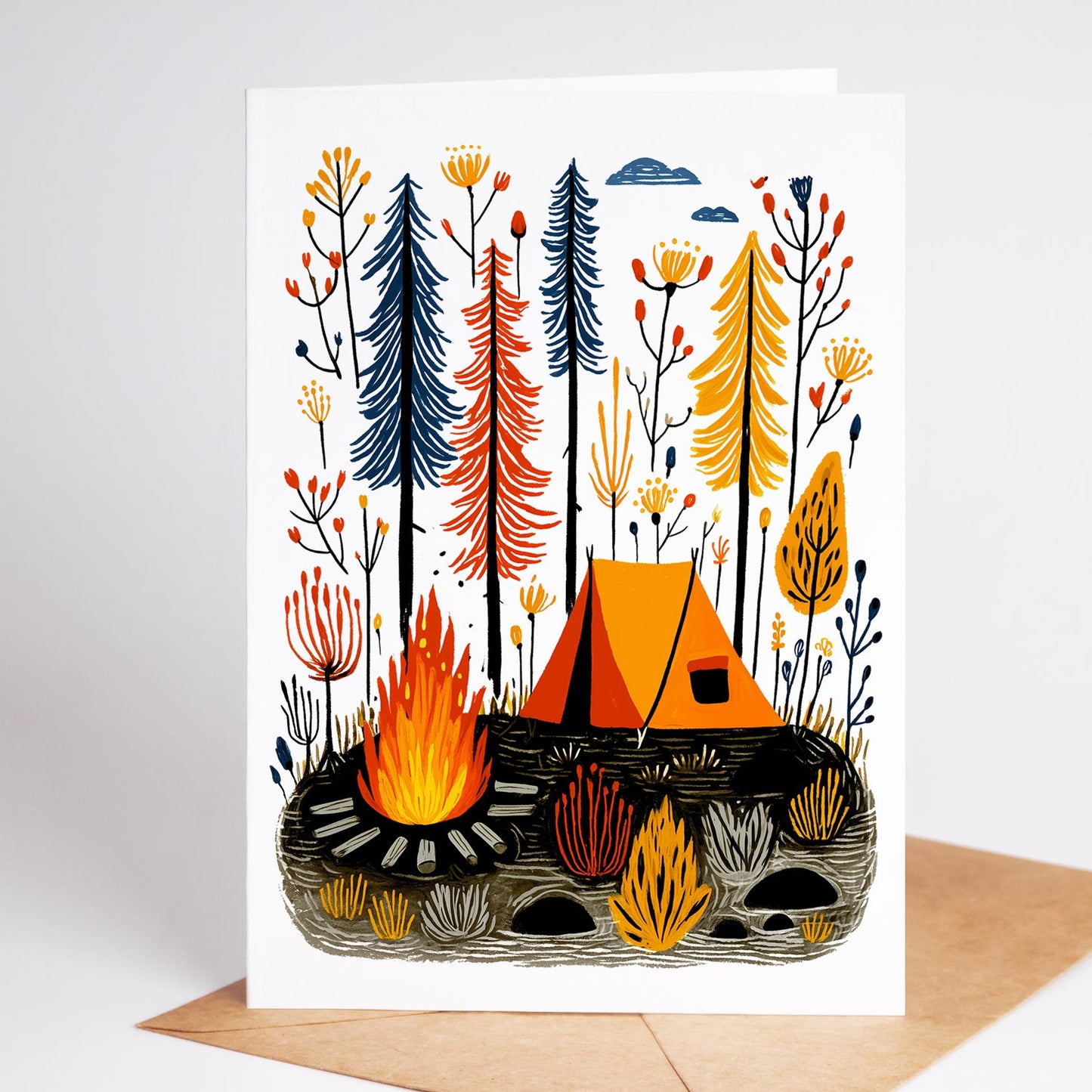 Camping folk-art greeting card, blank inside