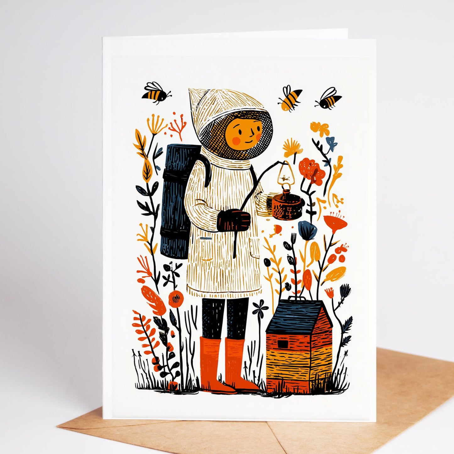Beekeeping folk-art greeting card, blank inside