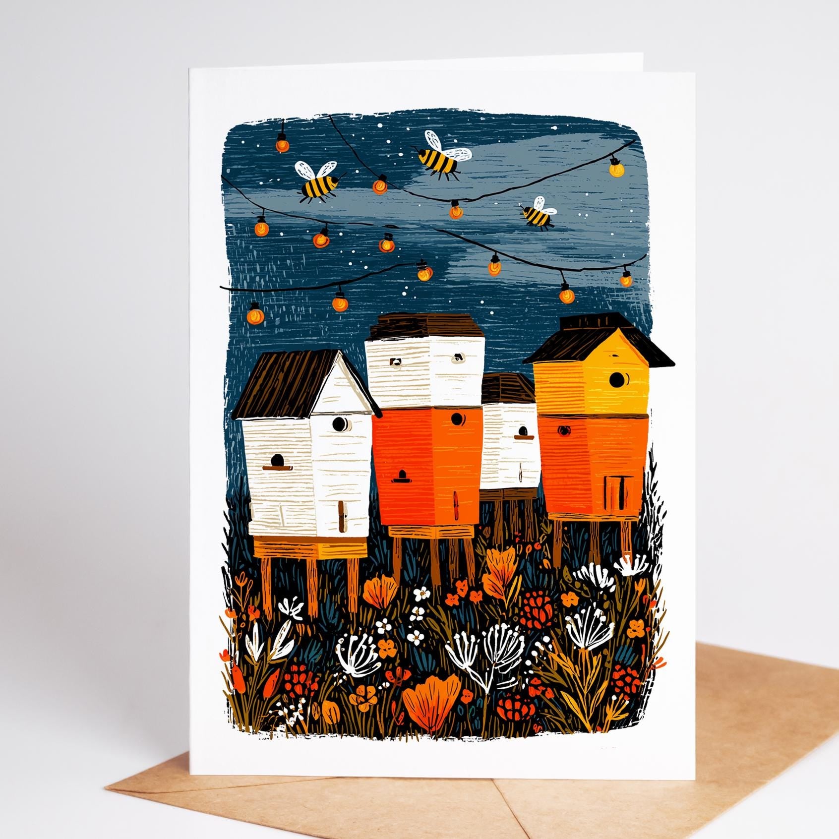 Beekeeping folk-art greeting card, blank inside