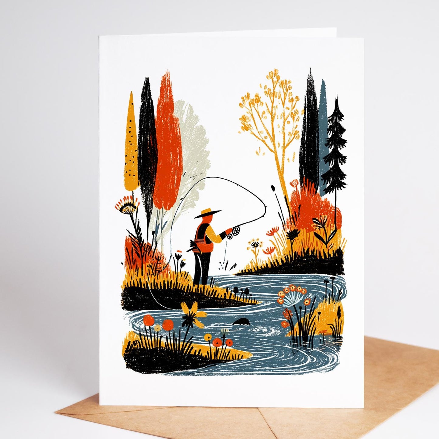 Fly Fishing folk-art greeting card, blank inside