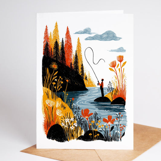 Fly Fishing folk-art greeting card, blank inside