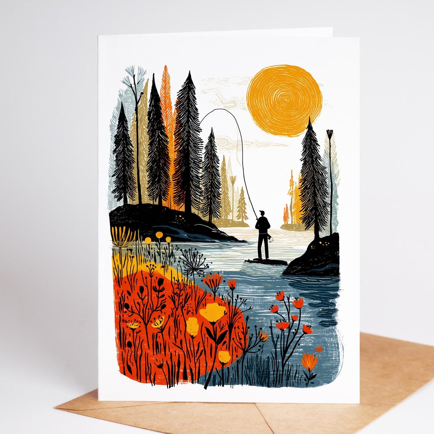 Fly Fishing folk-art greeting card, blank inside