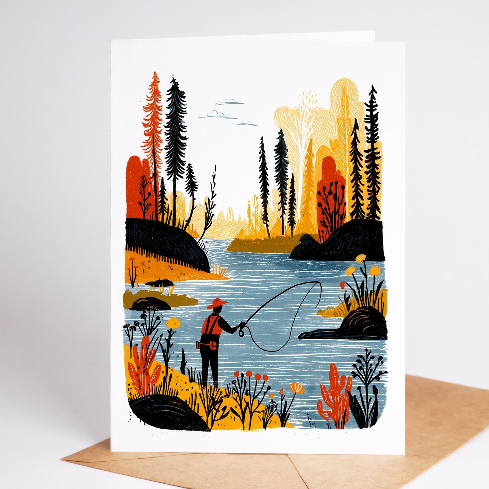 Fly Fishing folk-art greeting card, blank inside