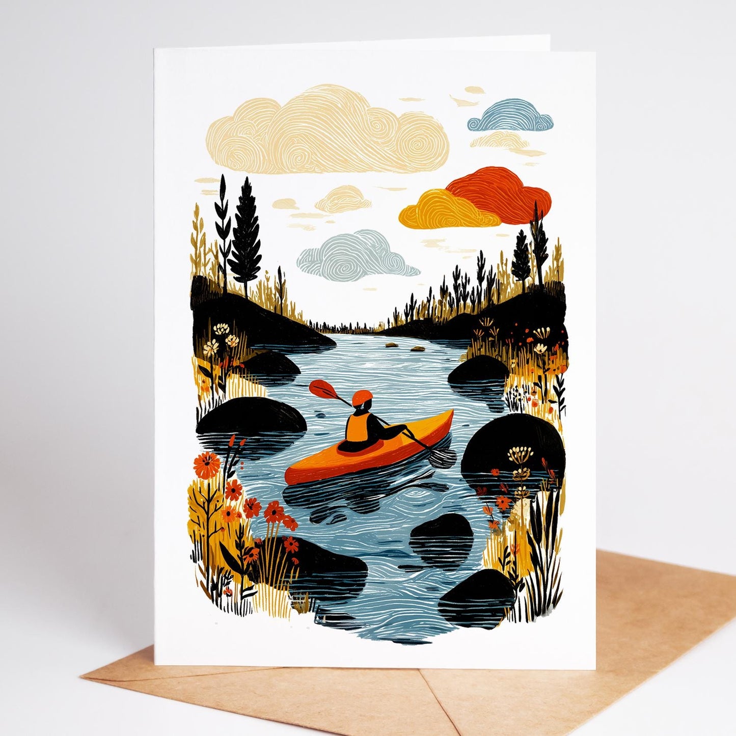 Kayak folk-art greeting card, blank inside