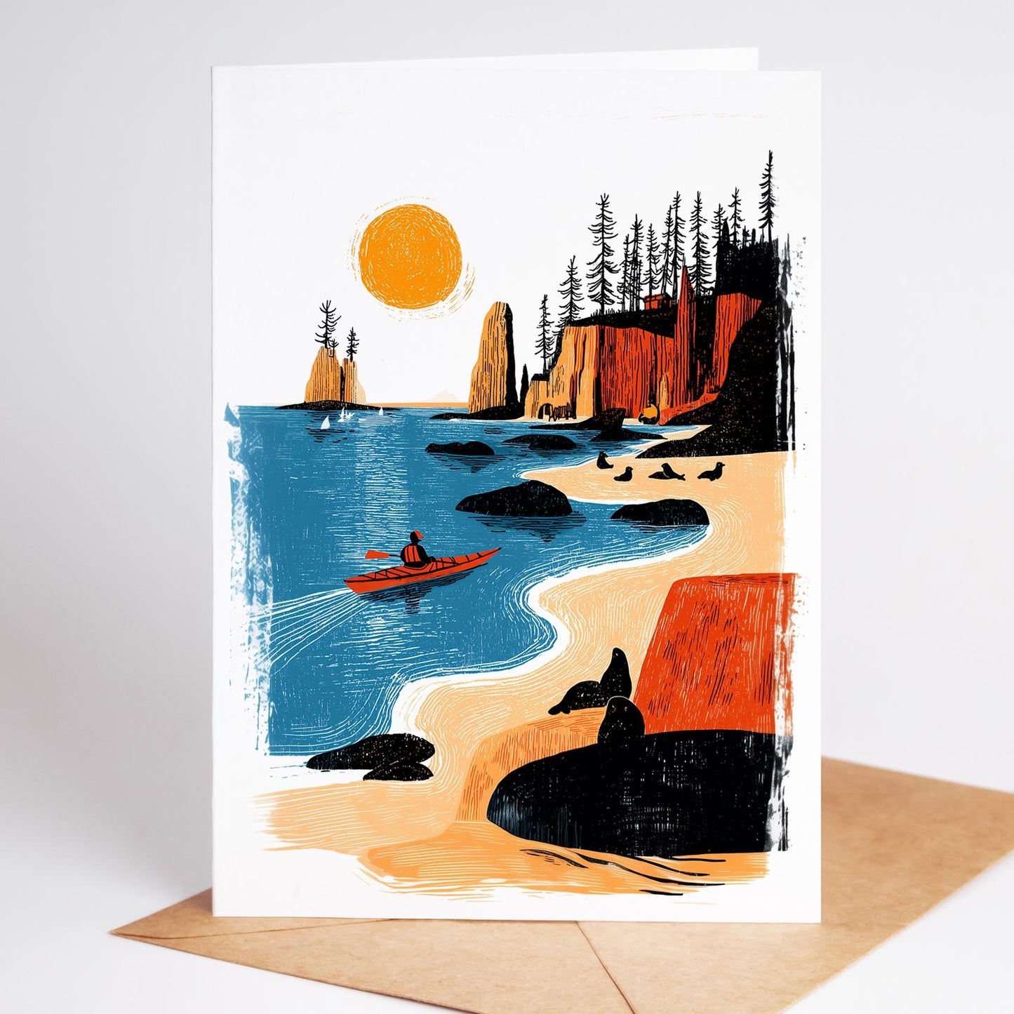 Kayak folk-art greeting card, blank inside
