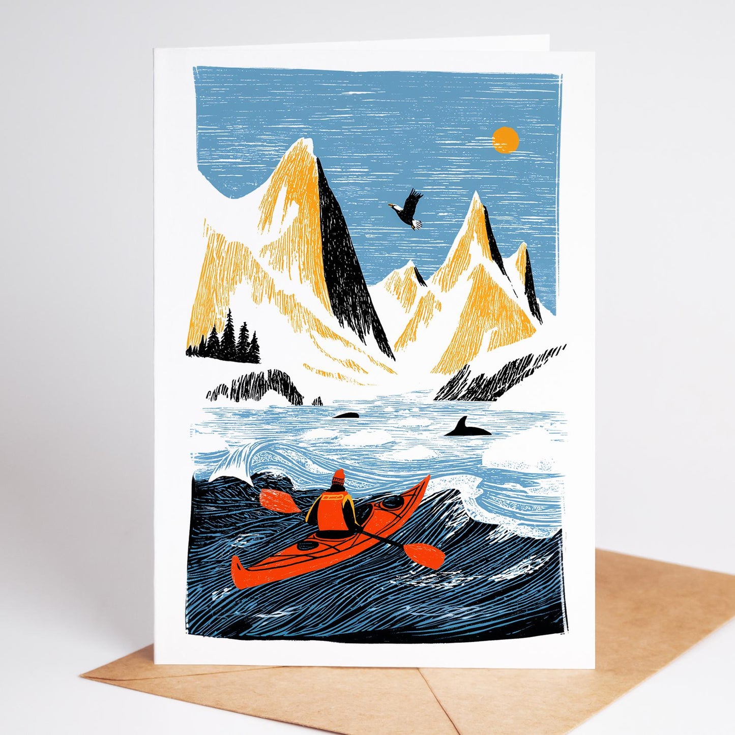 Kayak folk-art greeting card, blank inside