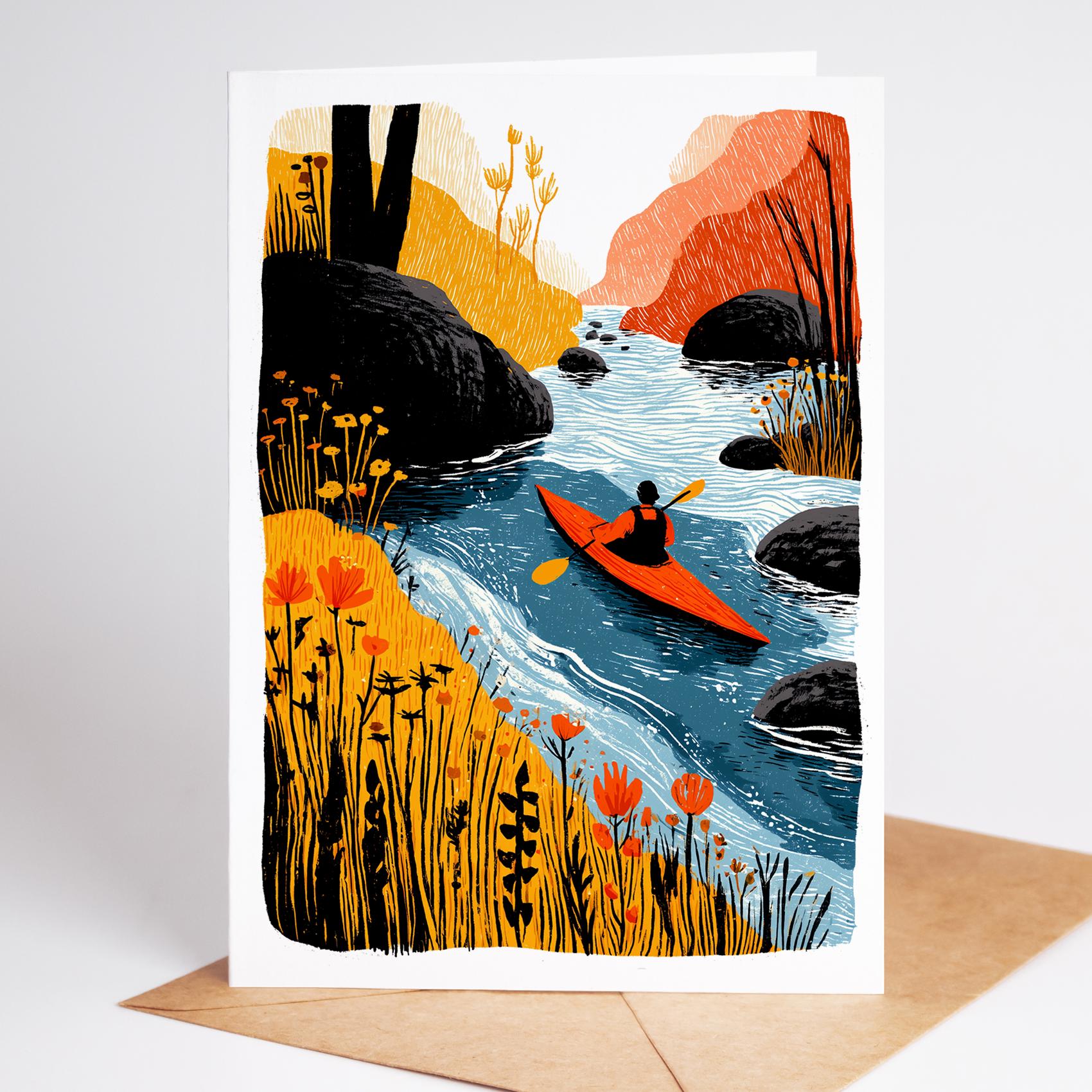 Kayak folk-art greeting card, blank inside