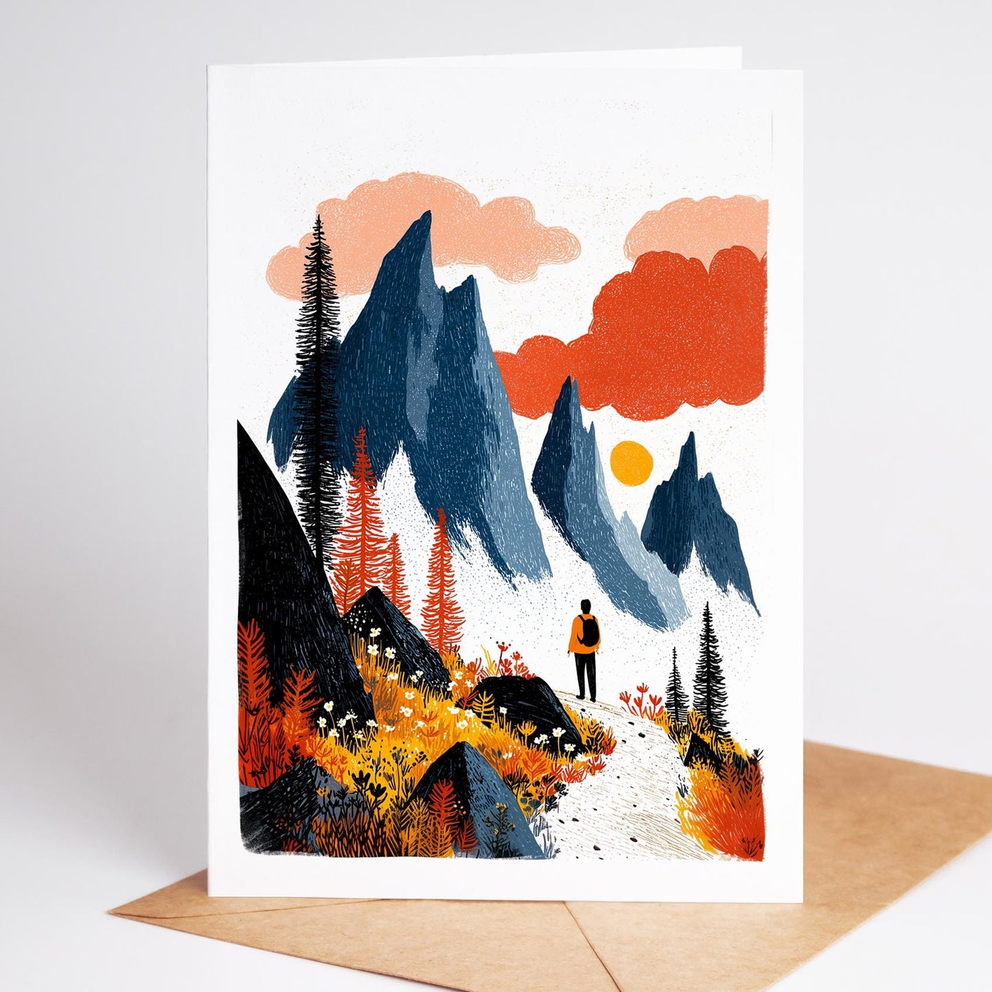 Hiking folk-art greeting card, blank inside