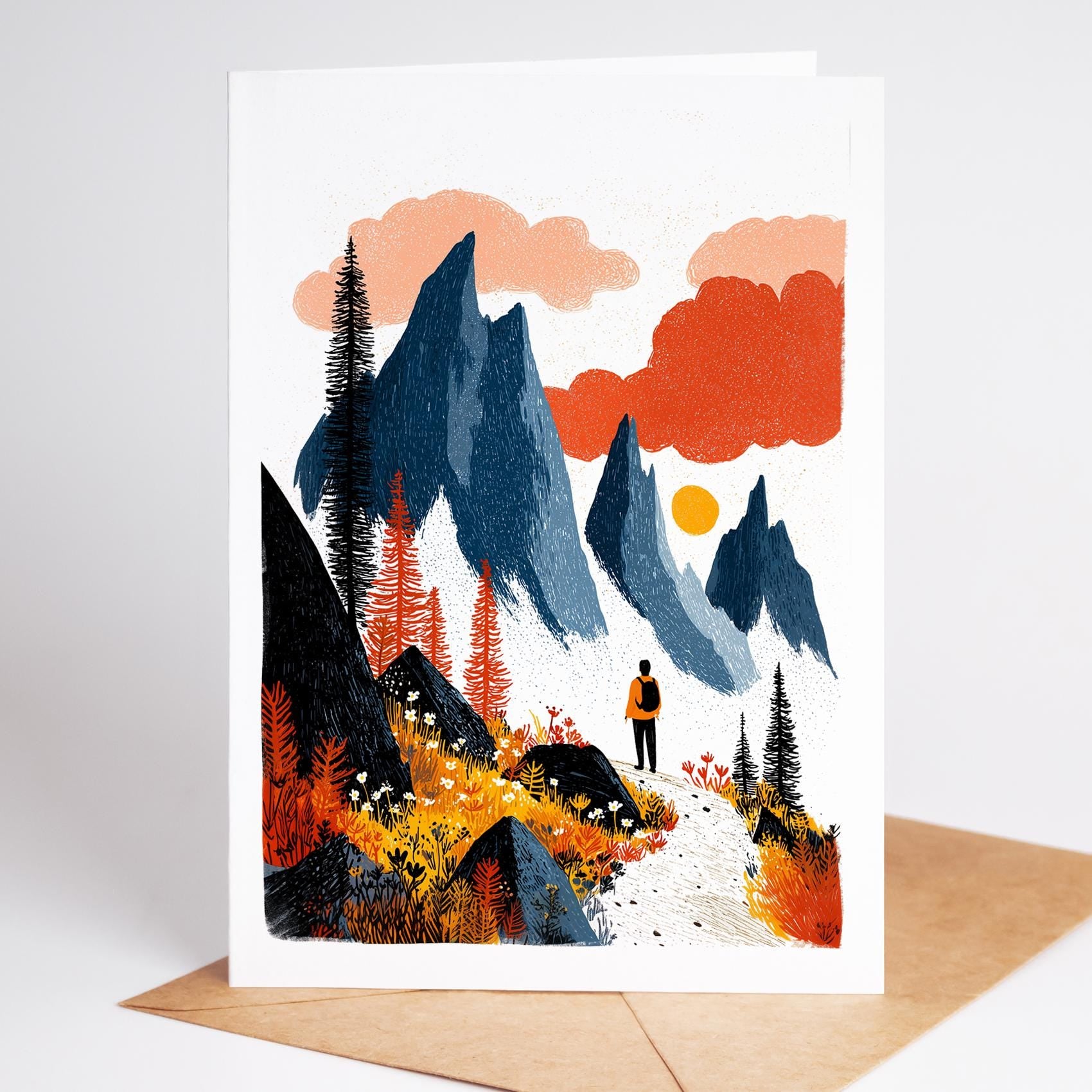 Hiking folk-art greeting card, blank inside