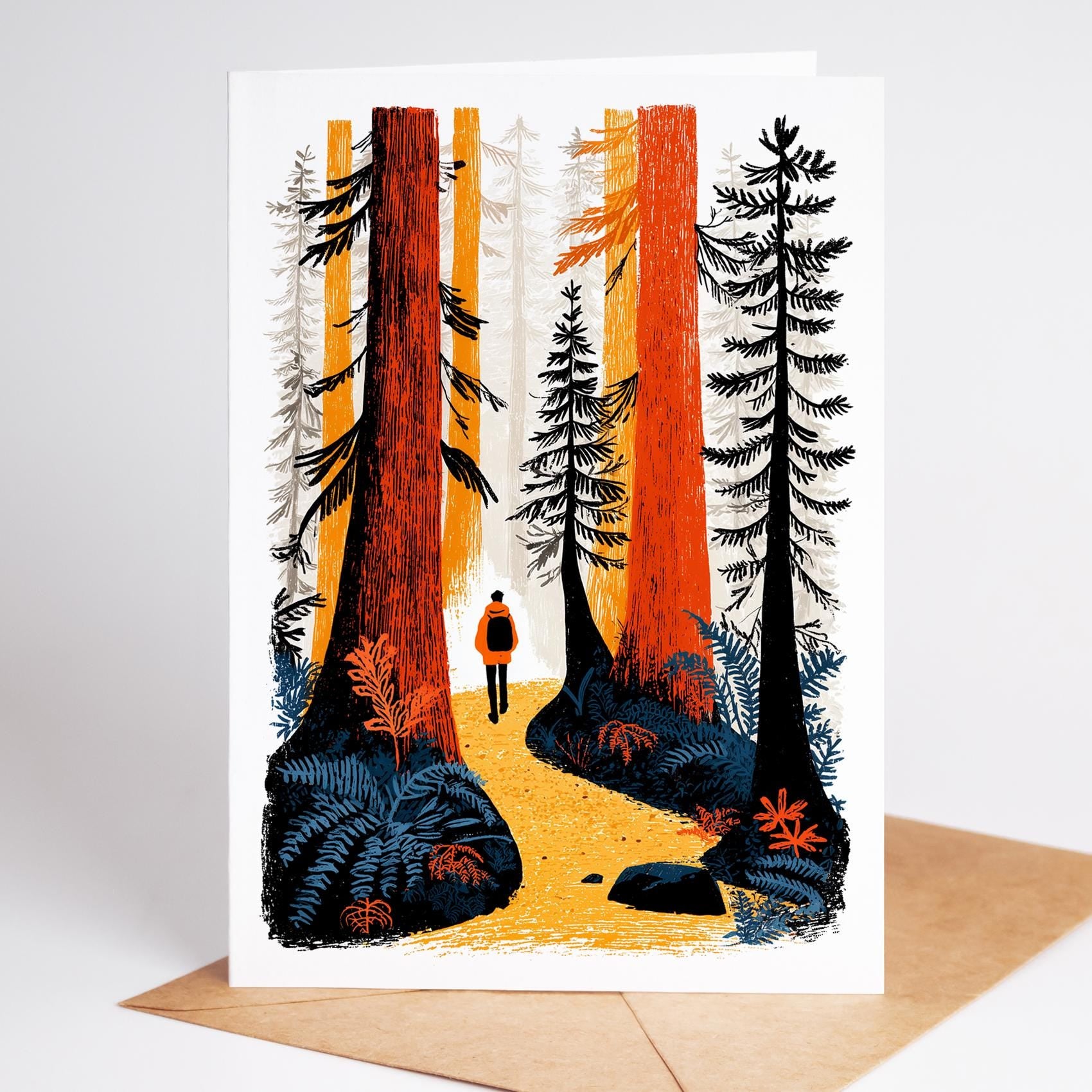 Hiking folk-art greeting card, blank inside