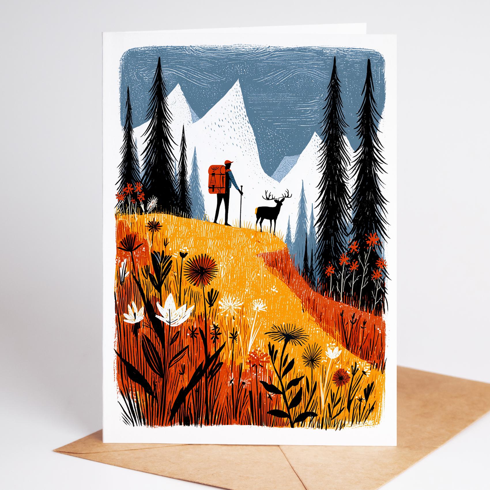Hiking folk-art greeting card, blank inside