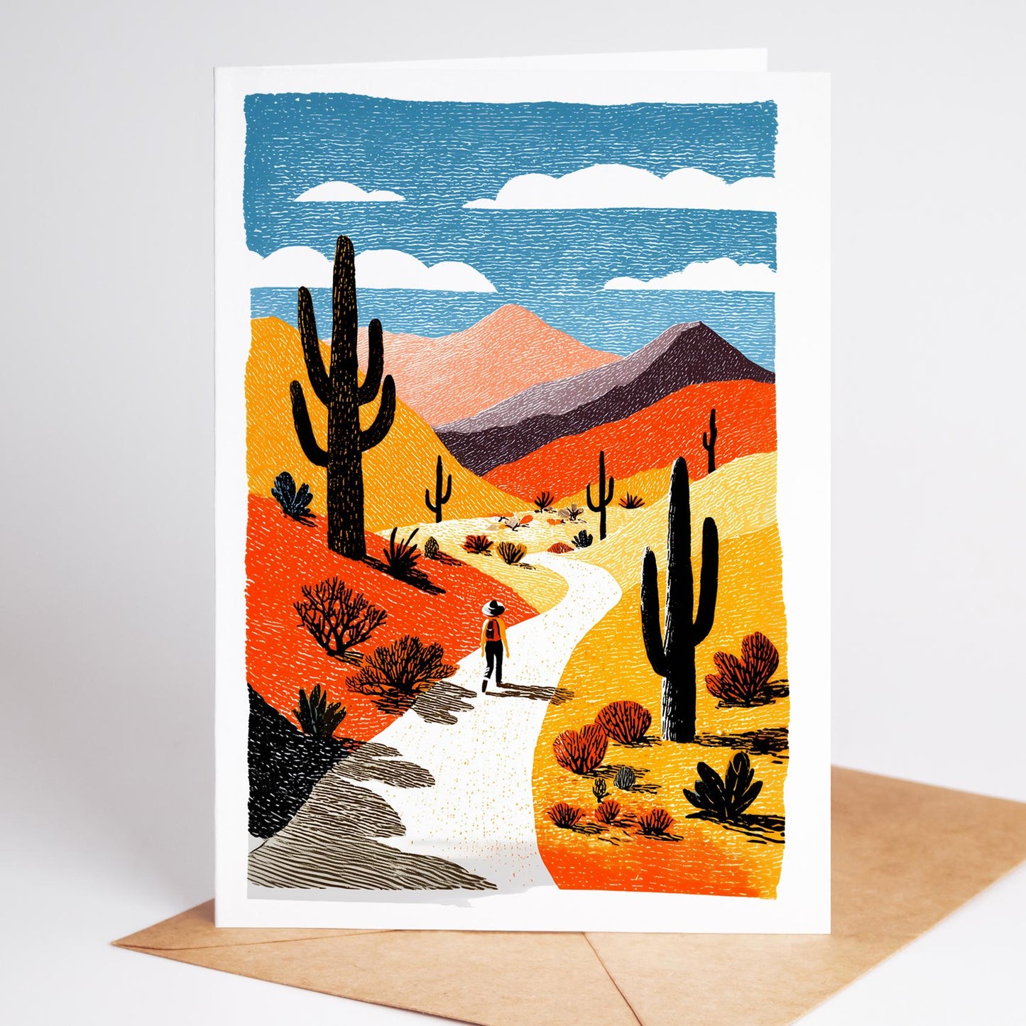 Hiking folk-art greeting card, blank inside