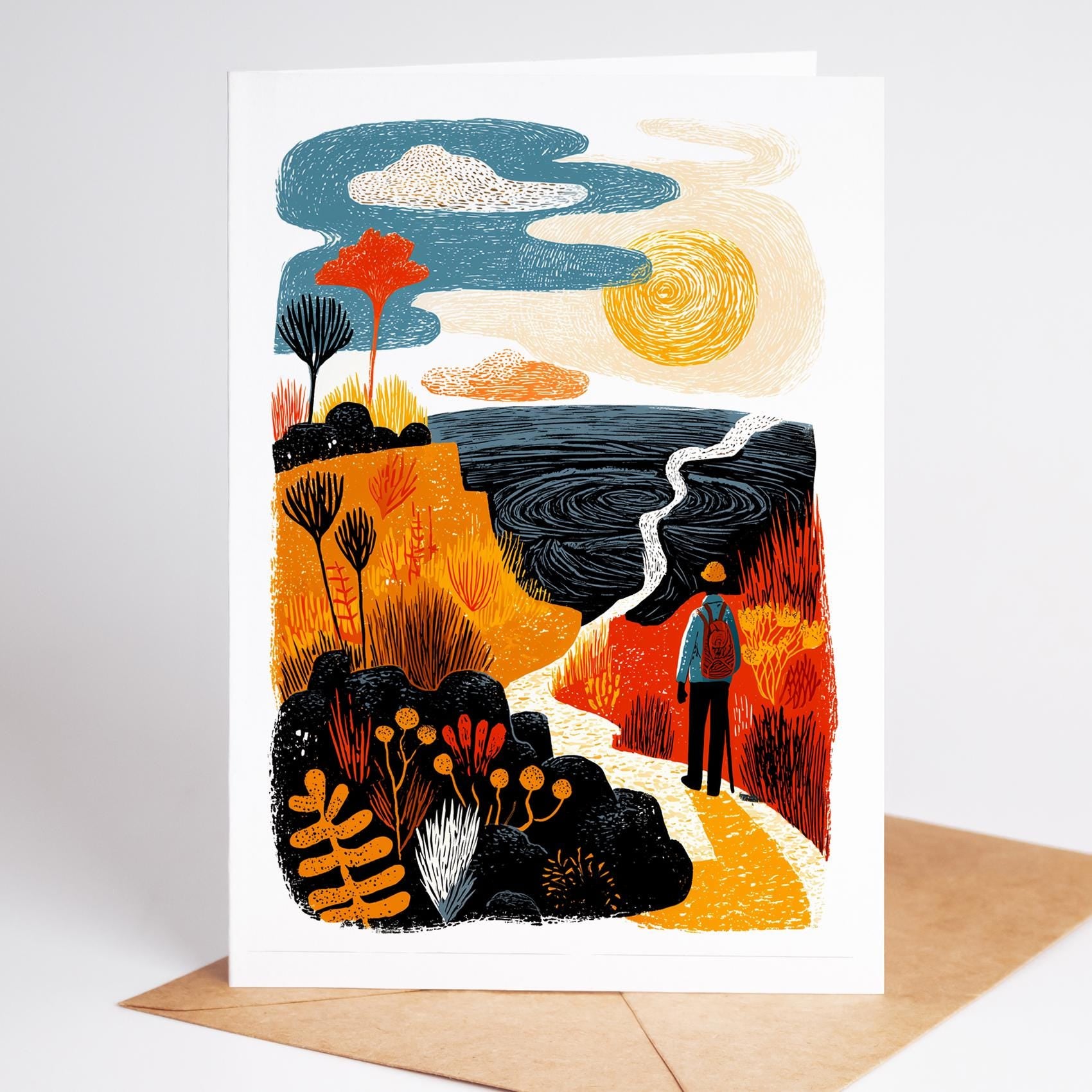 Hiking folk-art greeting card, blank inside