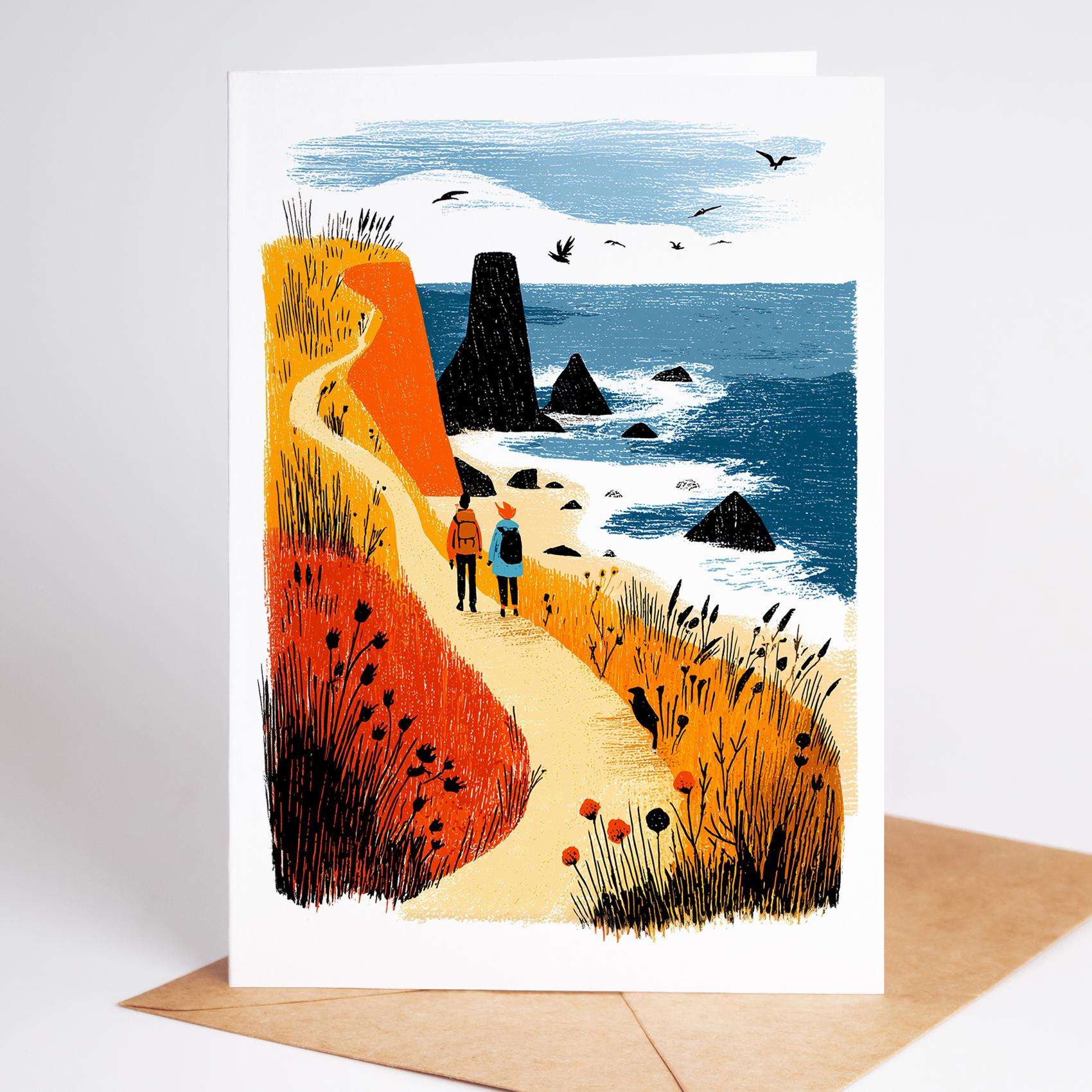 Hiking folk-art greeting card, blank inside