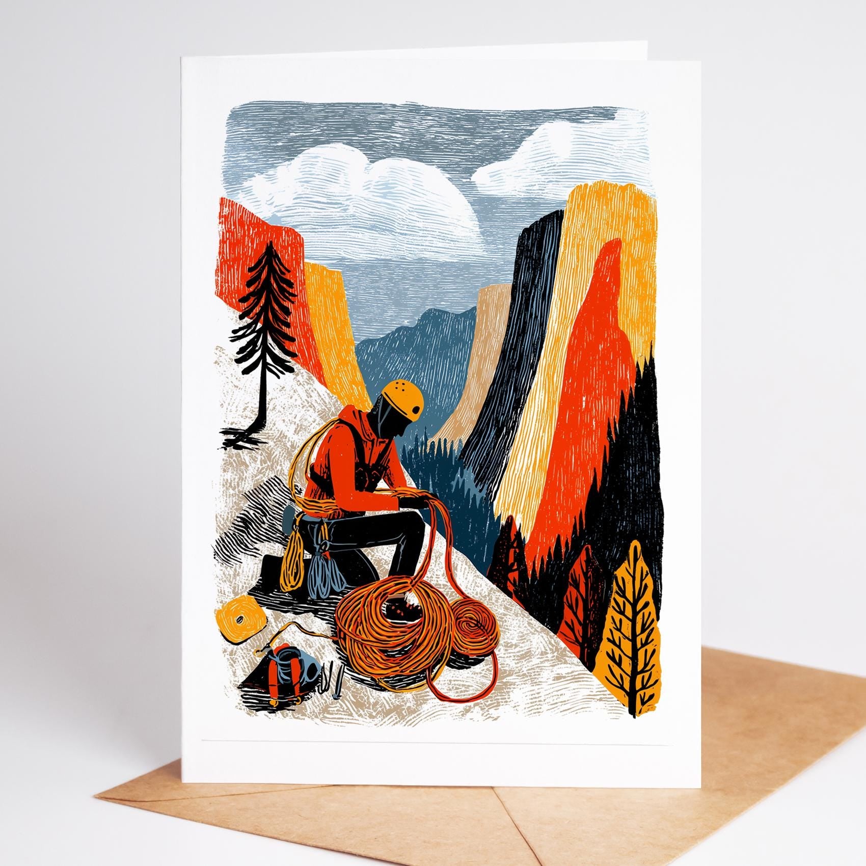 Rock Climbing folk-art greeting card, blank inside