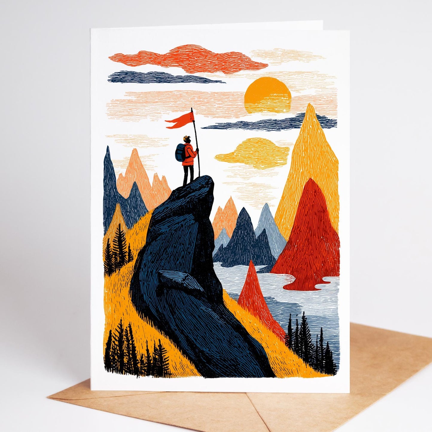 Rock Climbing folk-art greeting card, blank inside