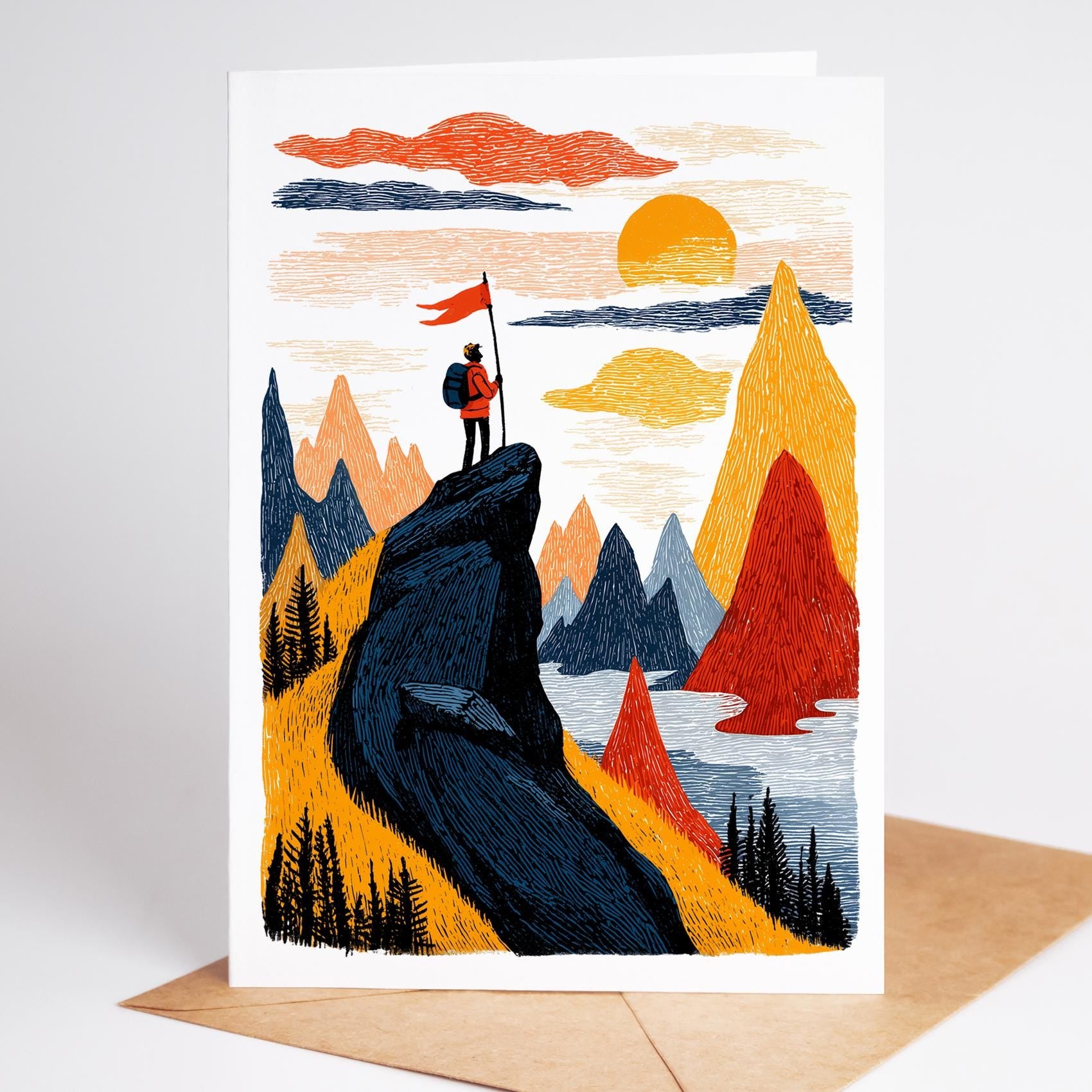Rock Climbing folk-art greeting card, blank inside
