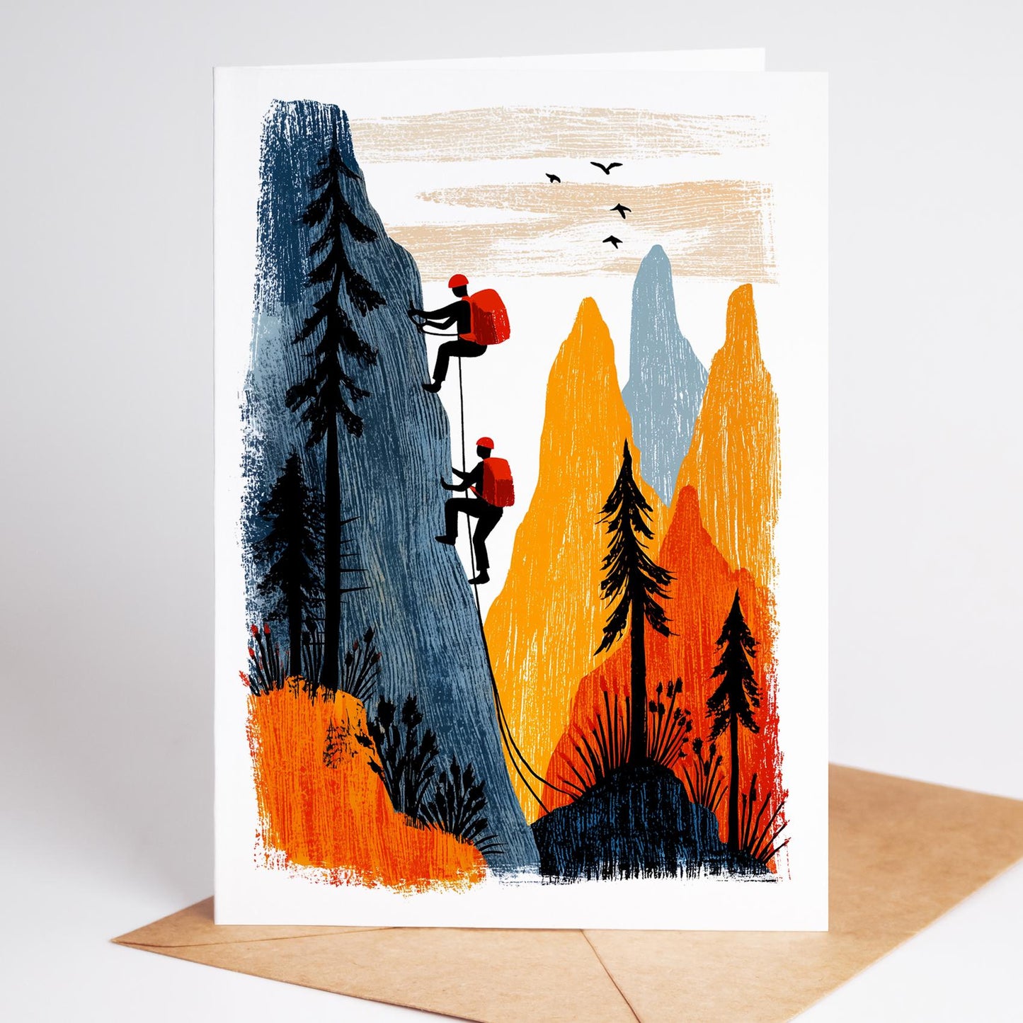 Rock Climbing folk-art greeting card, blank inside
