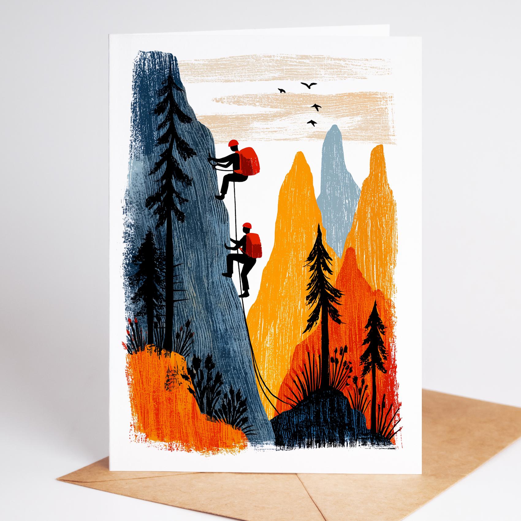 Rock Climbing folk-art greeting card, blank inside