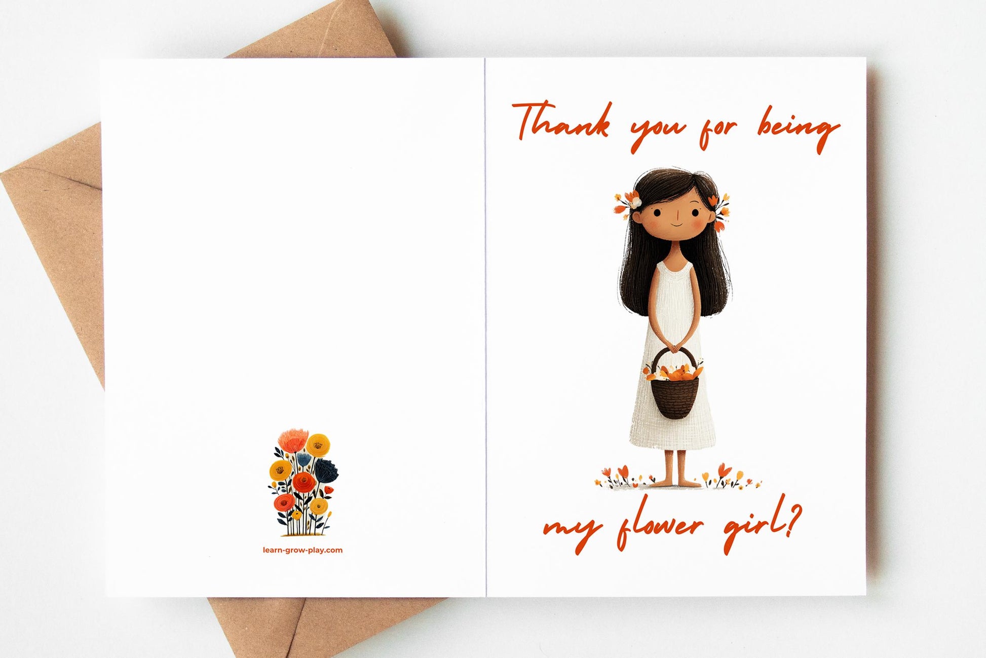 Flower Girl Thank folk-art greeting card, blank inside