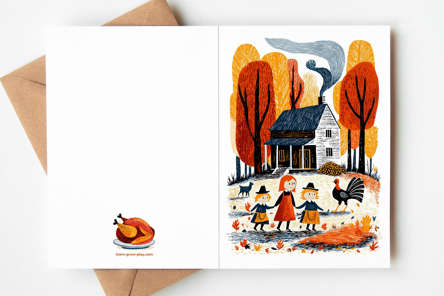Thanksgiving Cards Set folk-art greeting card, blank inside