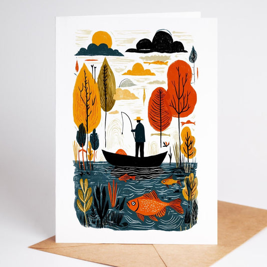 Fishing folk-art greeting card, blank inside